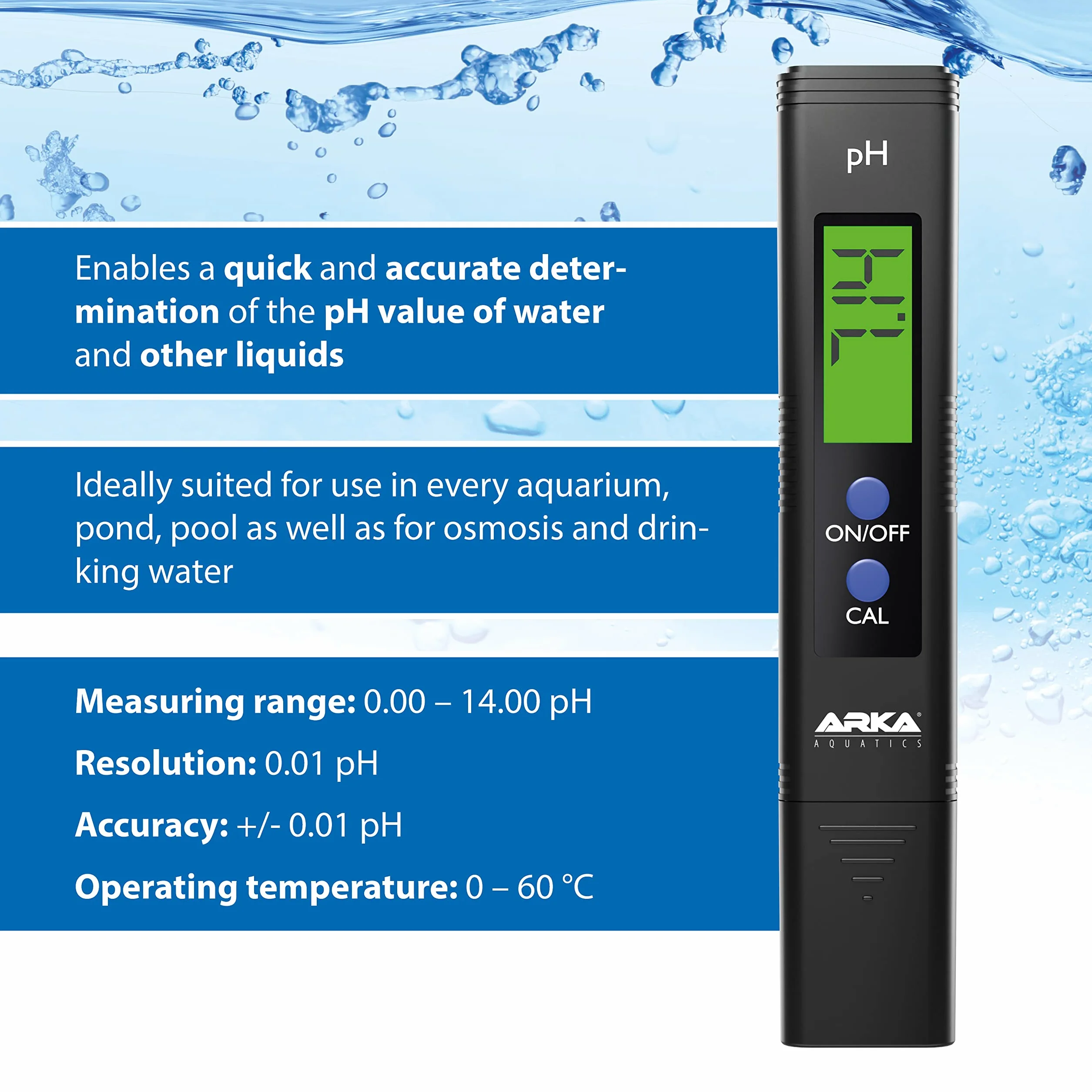 ARKA myAQUA® pH Meter - Zakres pomiarowy: 0-14 pH, idealny do akwarium morskiego i słodkowodnego, basenu, stawu, wody osmozowej, wody pitnej i wielu innych płynów, w zestawie proszek kalibracyjny,