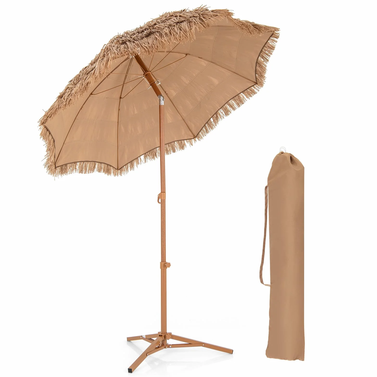 COSTWAY Hawajski parasol przeciwsłoneczny, słomkowy ze składanym stojakiem, parasol plażowy, możliwość przechylania słomy, parasol ogrodowy, parasol na taras, z torbą do przenoszenia, do ogrodu, na