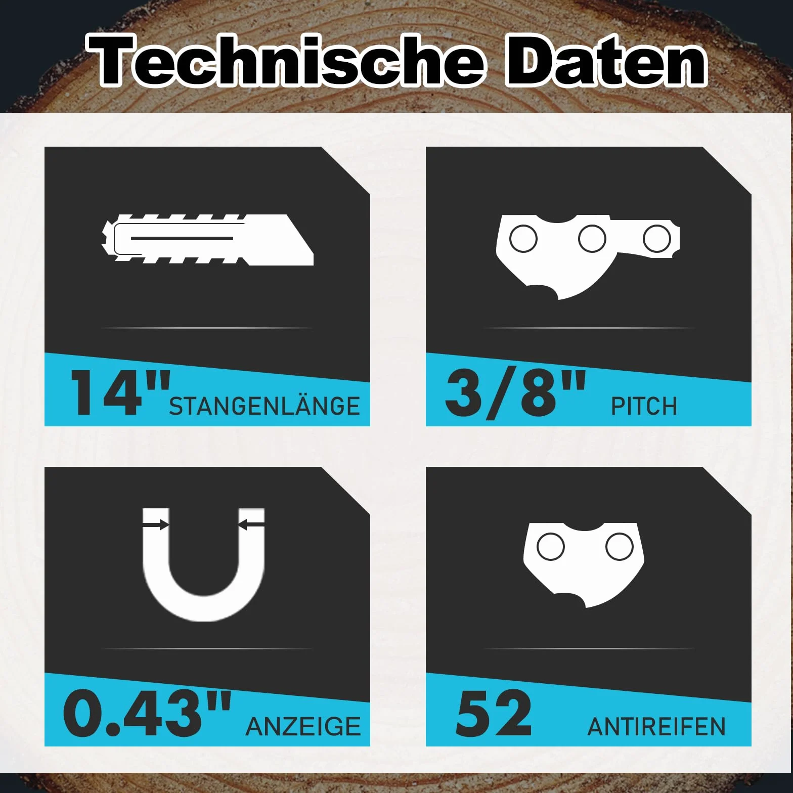 4 sztuki łańcucha do piły łańcuchowej 35 cm (14"), 3/8"LP 0,043" (1,1 mm) z 52 ogniwami napędowymi, zamiennik dla Bosch AKE3000, AKE30-17S, zamiennik dla Husqvarna 120i, 136i, 330i