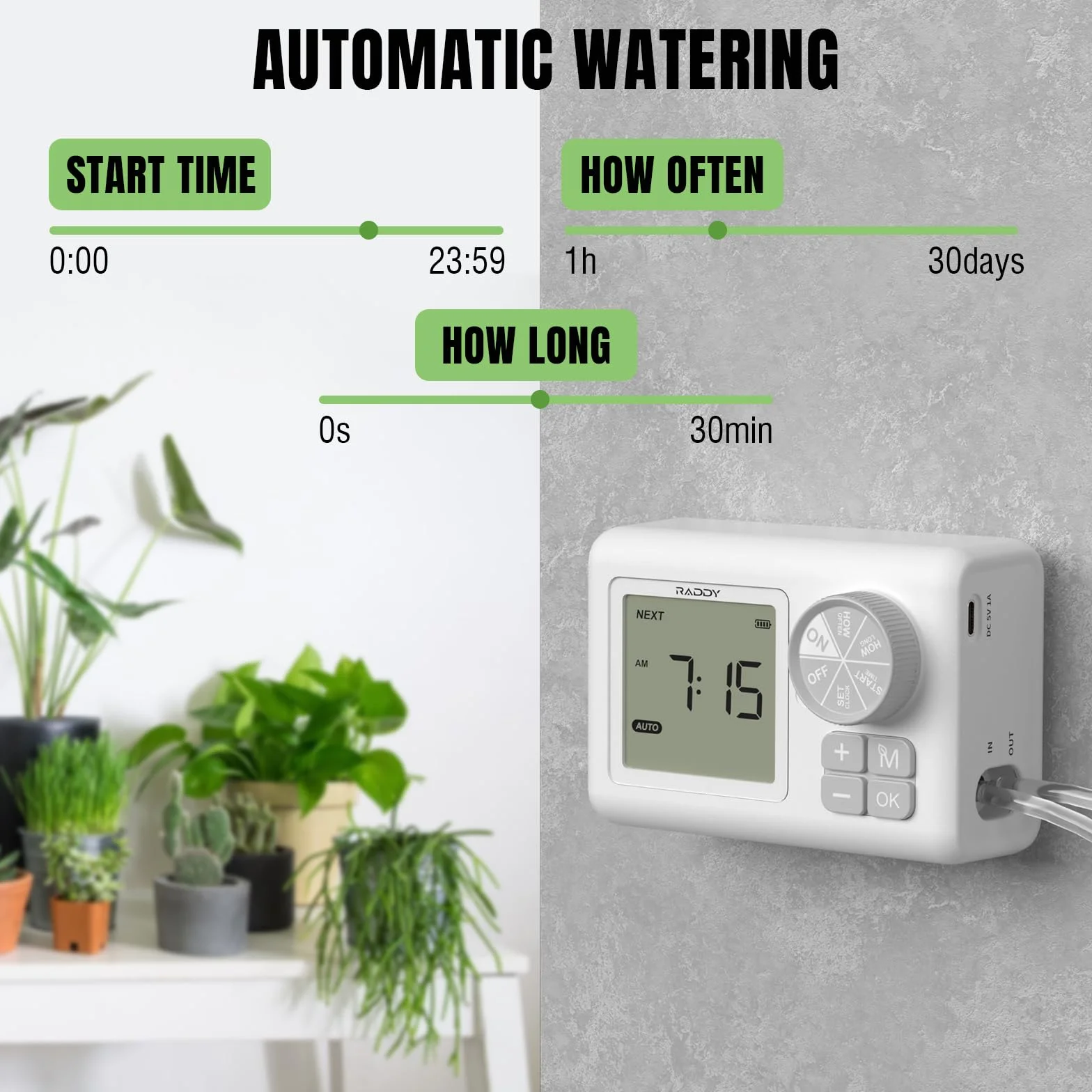 Raddy WS-6 automatyczny system nawadniania, zestaw nawadniania kropelkowego do 15 roślin doniczkowych, wyświetlacz LCD, zasilanie USB, alarm braku wody, automatyczny regulator nawadniania roślin