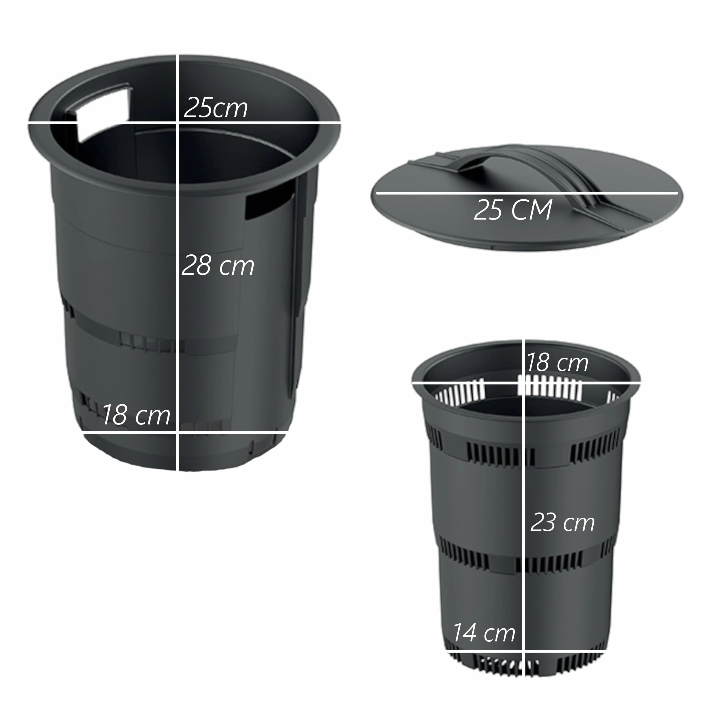 Kompostownik ogrodowy podziemny 11 l, antracyt, tworzywo sztuczne, wys. 53 cm, modułowy kosz na kompost, kosz na śmieci