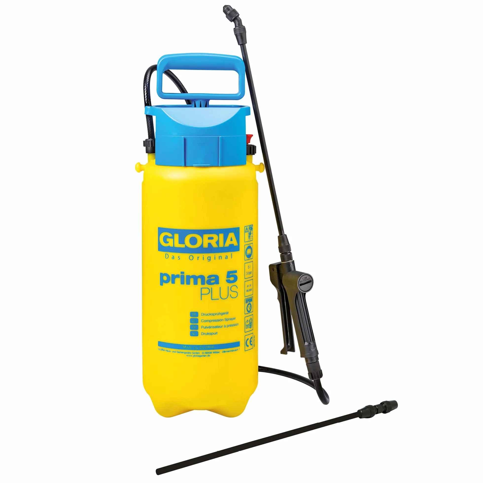 GLORIA Prima 5 PLUS Opryskiwacz ciśnieniowy, ogrodowy, do natryskiwania środków kwasowych, kwasoodporność, pojemność napełniania 5 l,lanca przedłużająca 0,4 m