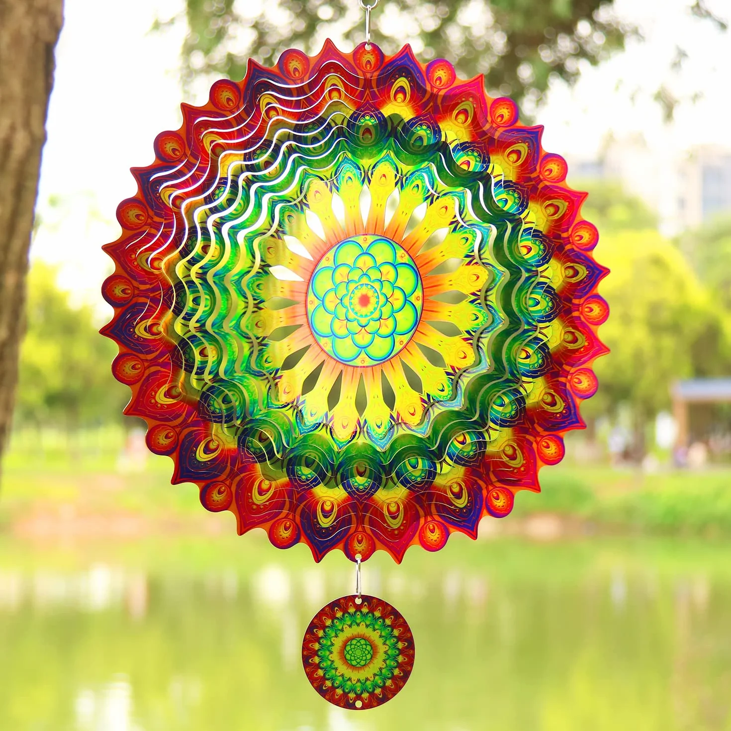 3D Mandala Wiatrówki 30 cm Dekoracje Rzeźby Kinetyczne Wiszące Whirligigs Stal nierdzewna Laserowo Wycinane Metalowe Mandale Sztuka, Gwiazda Wisząca Dr Wystrój Wnętrz/Na Zewnątrz, Zielony