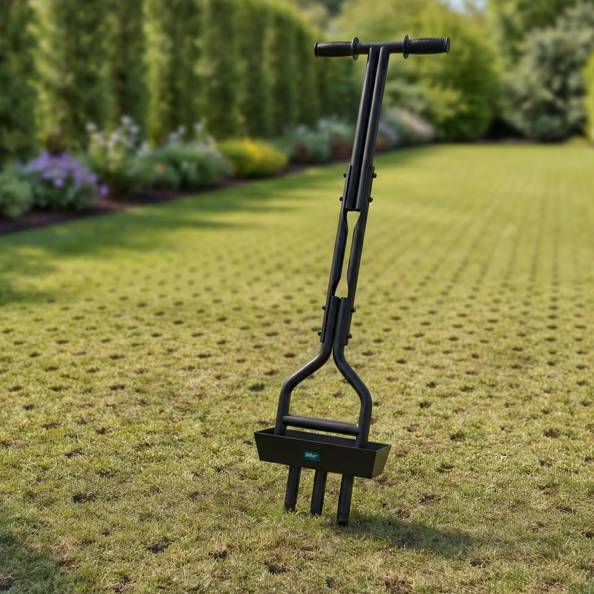 Sillar Aerator Rurkowy do Trawnika z Tacką na Rdzenie – 3 Stalowe Zęby Rurowe – Napowietrzacz Gleby Ręczny – Wertykulator Ręczny – Narzędzie Ogrodowe 96 cm