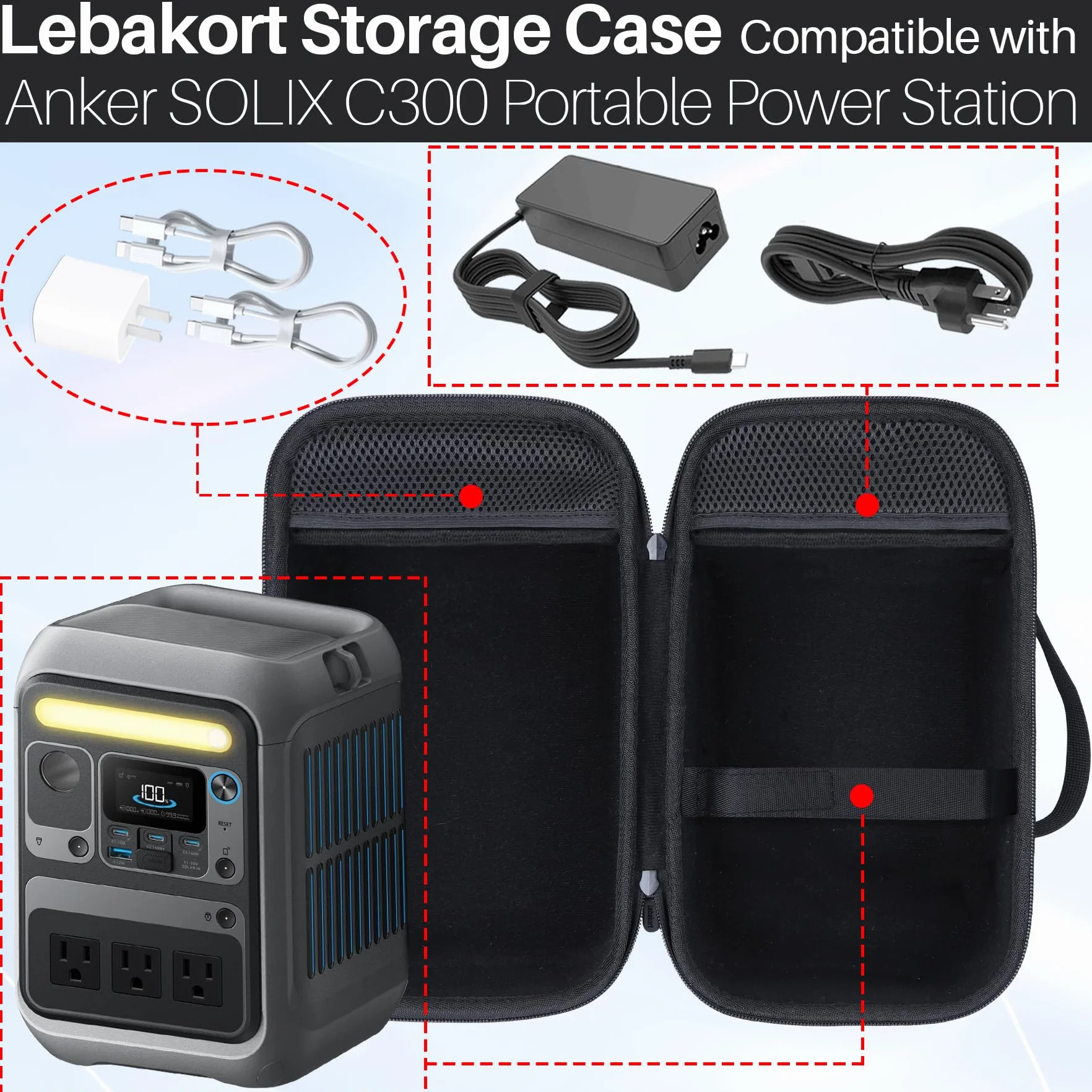Lebakort Twarde etui kompatybilne z Anker SOLIX C300 przenośna stacja zasilająca zewnętrzna 288 Wh bateria LiFePO4 300 W (600 W Surge) generator słoneczny, Czarna obudowa