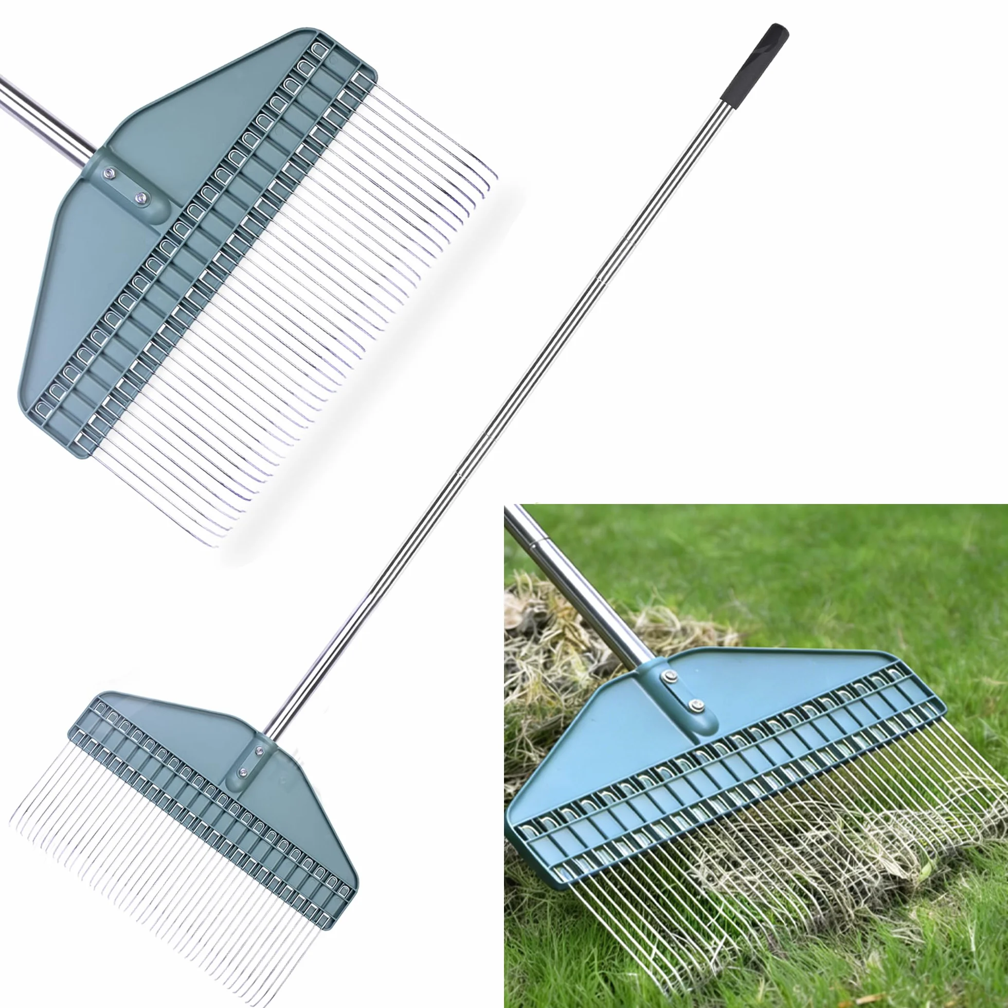YEELOR Grabie do trawnika, grabie na liście, grabie ogrodowe z główką 43 cm, uchwyt ze stali nierdzewnej 168 cm, na podwórko, trawnik, krzew, grządki ogrodowe, domek dla drobiu