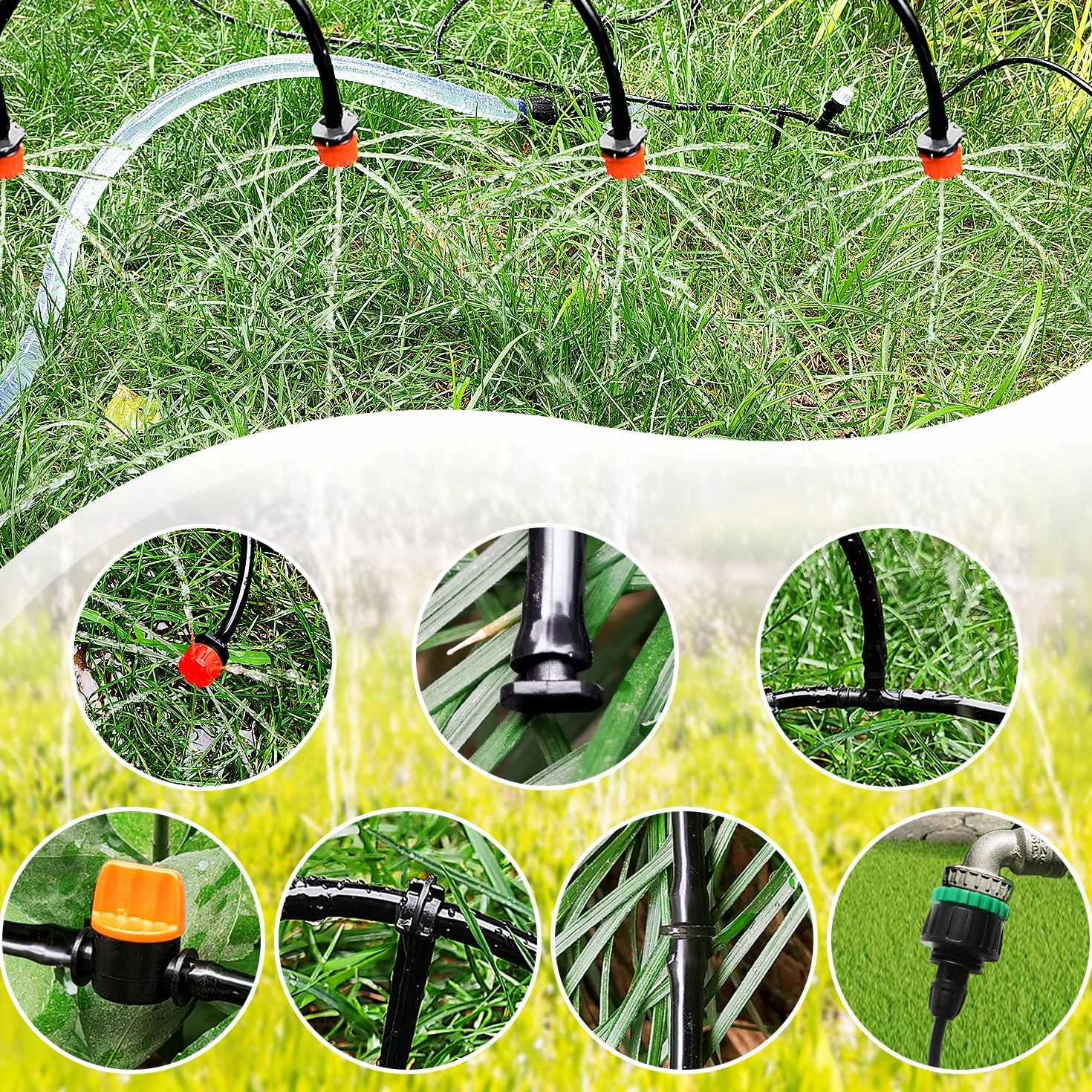 VooGenzek 86 Sztuk 4/6 mm Zestaw do Nawadniania, Wąż Nawadniający 15m, DIY System Nawadniania Ogrodu, z Proste Złącza z Zadziorami, Trójnikiem, Zatyczką Końcową Węża, do Trawnika