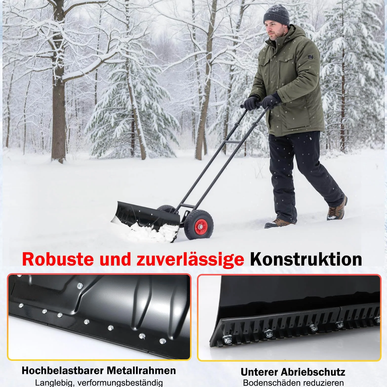 COSTWAY Łopata do Śniegu na Kółkach z Regulacją Wysokości 91,5 cm, Metalowa Odśnieżarka