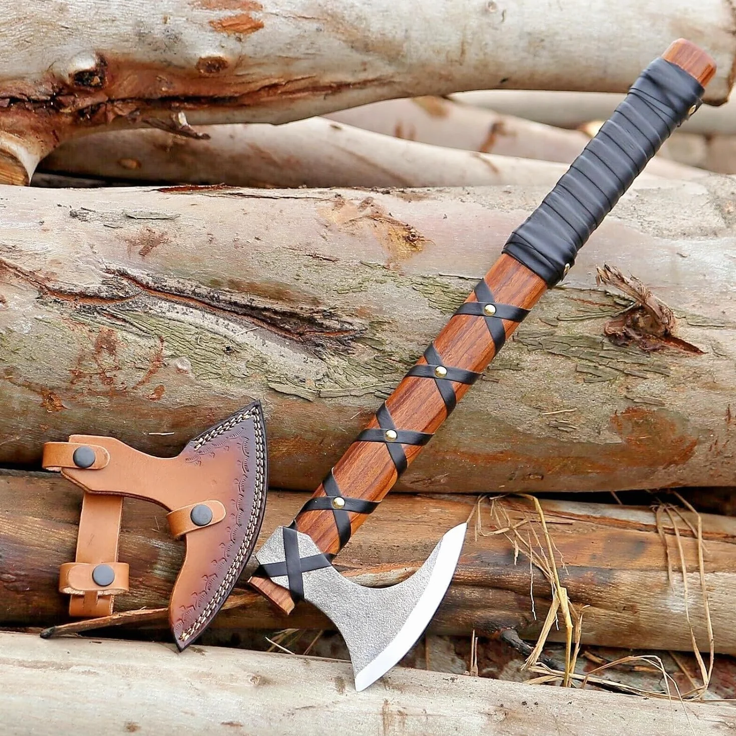 Topór Wikingów z Brodą i Skórzaną Pochwą, Siekiera Kempingowa Tomahawk