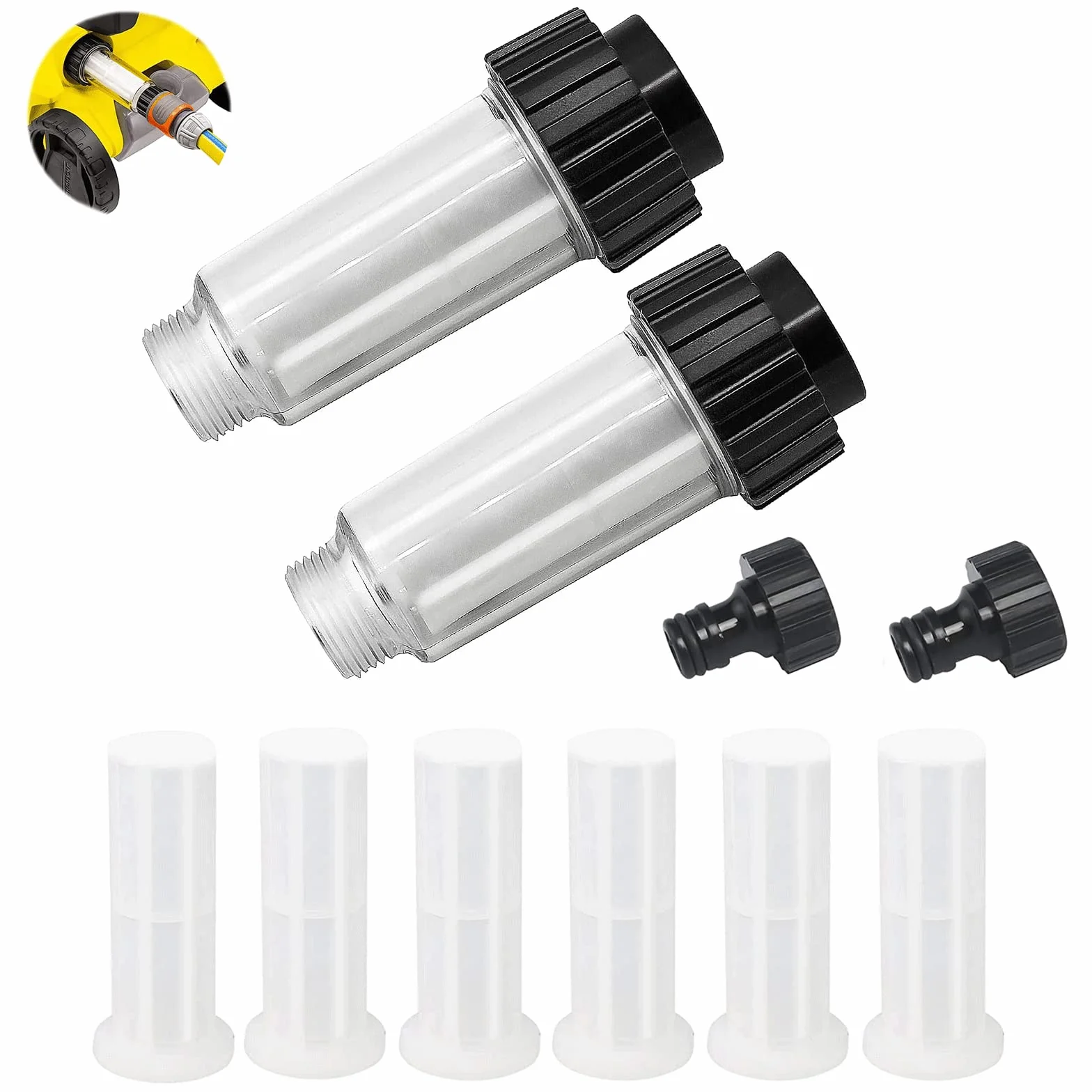 Filtr do wody, wąż ogrodowy, filtr wody, do przyczepy kempingowej, filtr wstępny 3/4", zestaw z 6 wkładami filtrującymi + 2 szybkozłączkami do myjki wysokociśnieniowej, nawadniania ogrodu