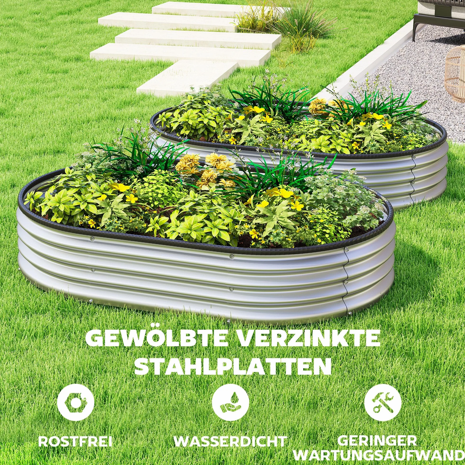 Outsunny Podwyższona grządka metalowa zestaw 2 sztuk 135 x 90 x 30 cm owalna