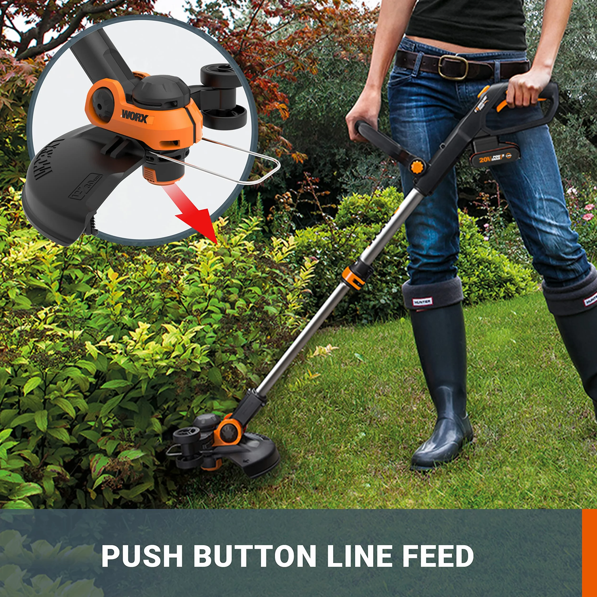 WORX WG163E.2 Akumulatorowa podkaszarka do trawy 20 V, podkaszarka 2 w 1 z głowicą obrotową 90°, średnica cięcia 30 cm, uchwyt teleskopowy (w tym akumulator 2 Ah i ładowarka)