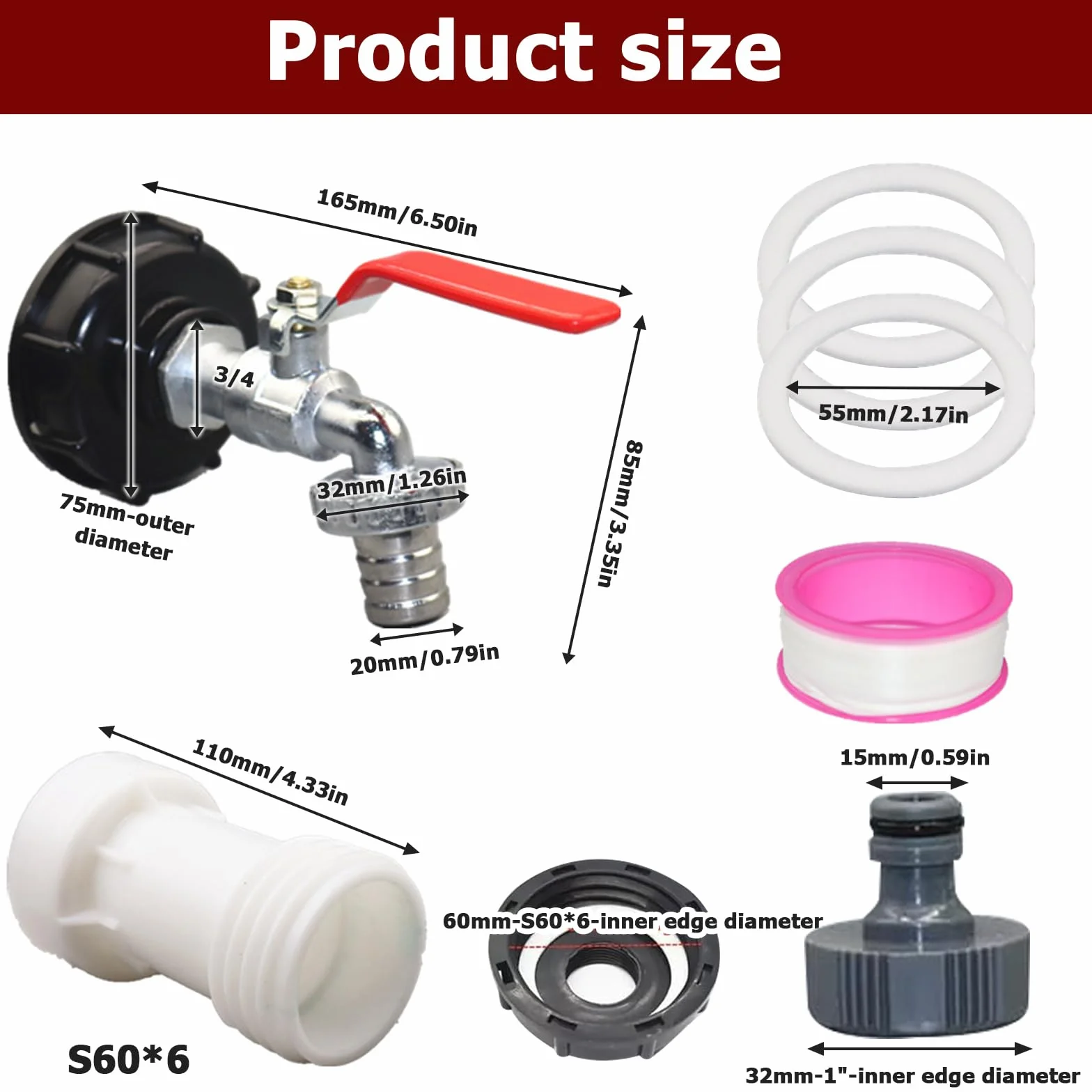 Akcesoria do zbiornika IBC, 1000 l, zawór spustowy zbiornika IBC (3/4"), przedłużacz S60 x 6, gwint gruboziarnisty 1000 l, do zbiornika na wodę deszczową 1000 l, beczka na deszczówkę