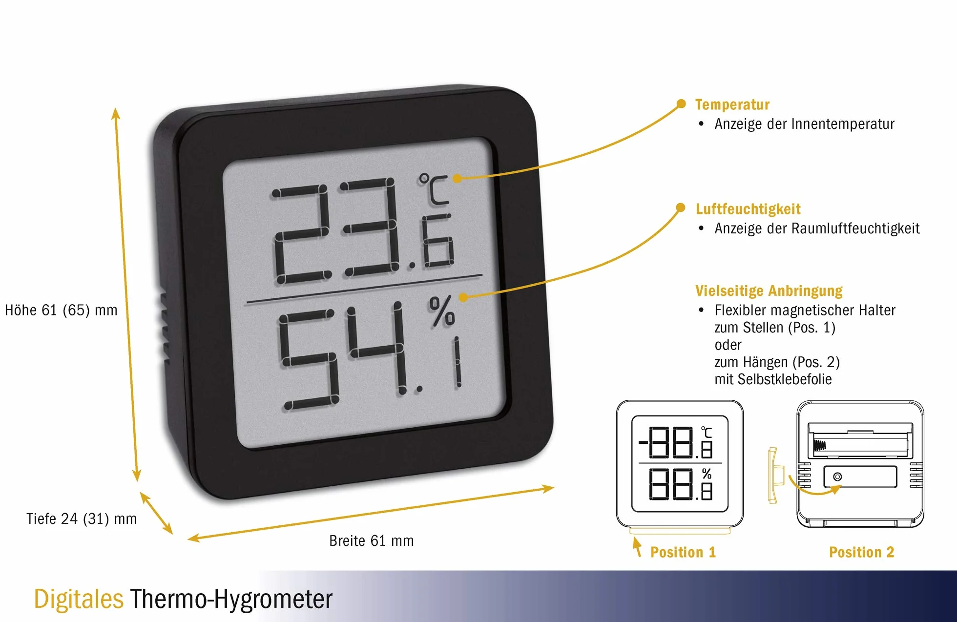 TFA Dostmann cyfrowy termo-higrometr, do kontroli klimatu w pomieszczeniu, mały i poręczny, czarny, dł. 70 x szer. 35 x wys. 110 mm