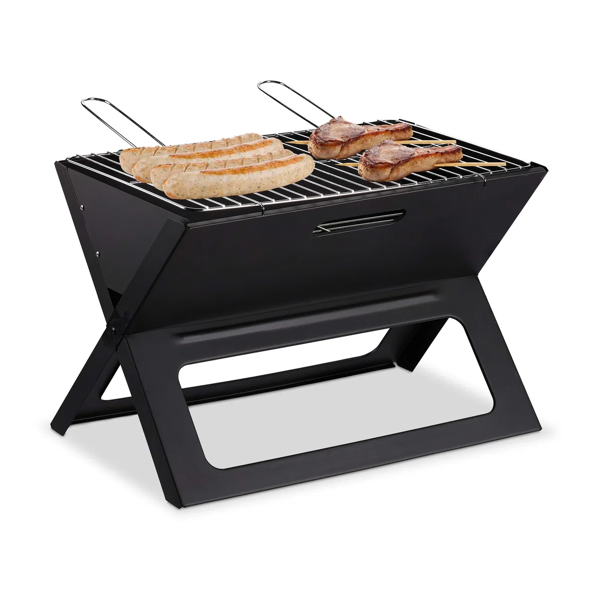Relaxdays Składany grill, z rusztem węglowym i grillowym, składany grill, piknik i kemping, wys. x szer. x gł.: 30 x 45,5 x 30 cm, czarny