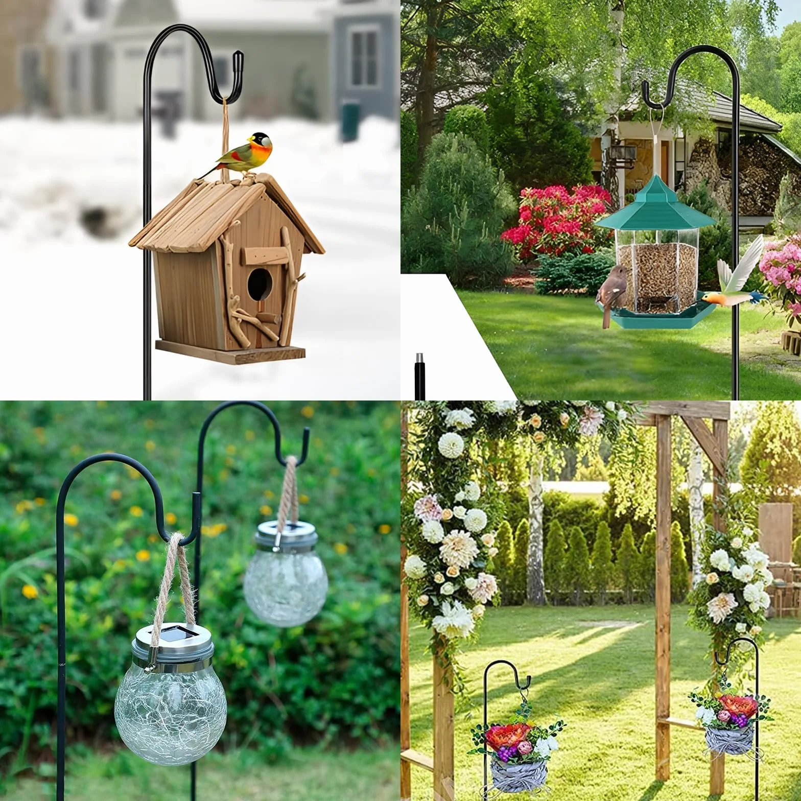 ACONDE Garden Haczyki pasterskie z ochroną przed rdzą do użytku na zewnątrz – 4 sztuki, 90 cm, metalowy kij pasterski z haczykami – dekoracja podwórka, słupek na latarnie do wiszących małych koszy na