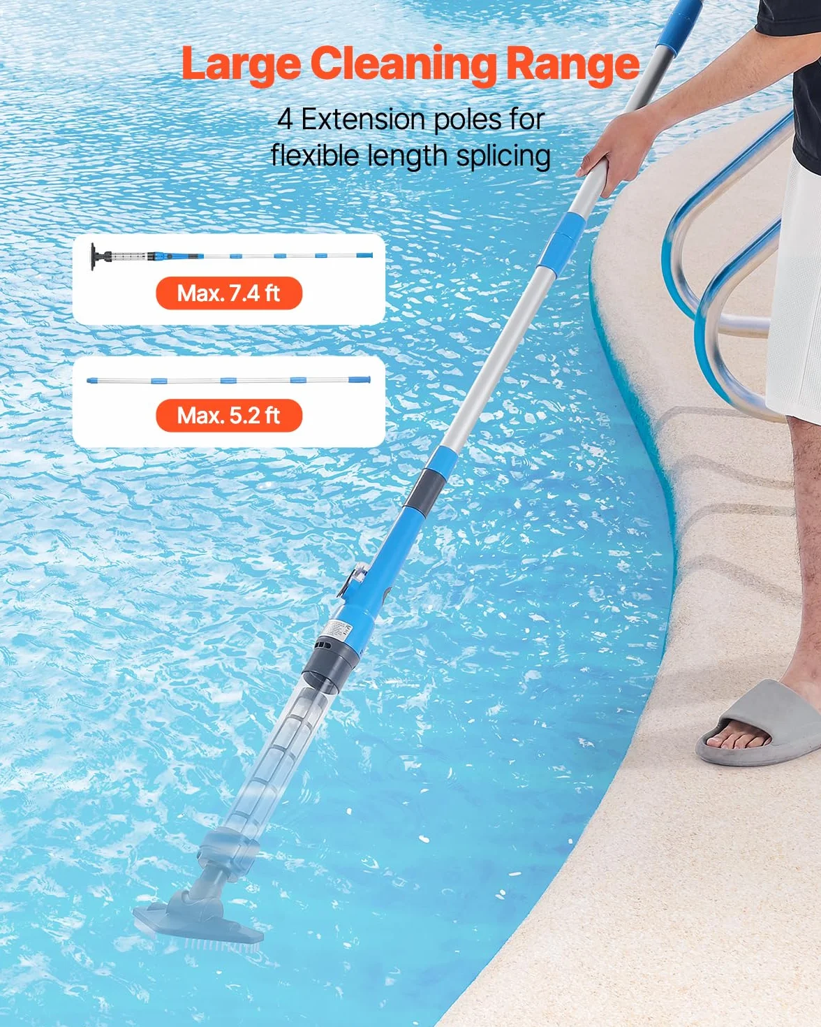 VEVOR Bezprzewodowy odkurzacz basenowy (32 l/min) do jacuzzi z drążkiem przedłużającym, do wielokrotnego ładowania, działa do 1 godziny, do basenów naziemnych/wpuszczonych