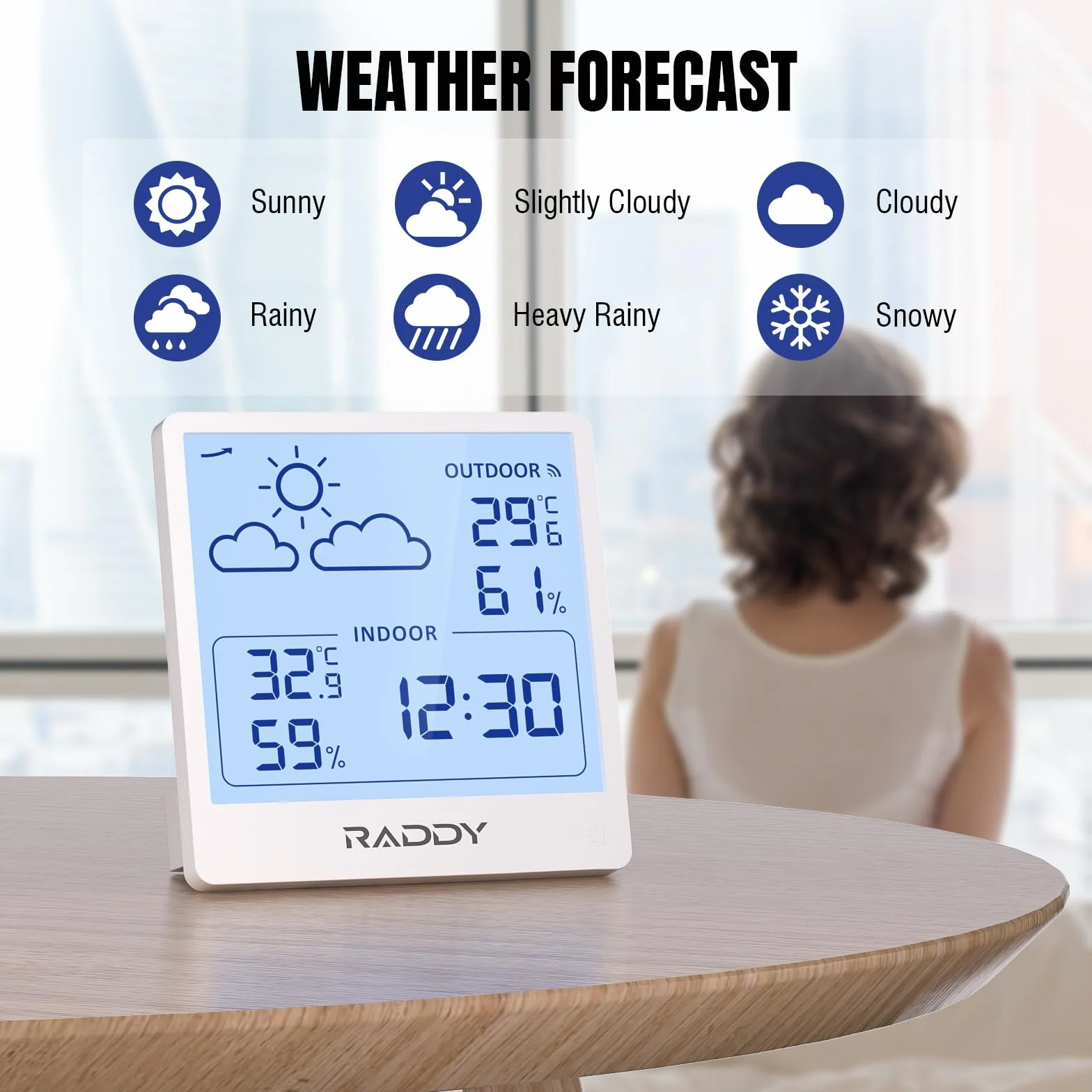 Raddy WF-50T Termometr Wewnętrzny Zewnętrzny Higrometr Bezprzewodowa Stacja Pogodowa 5.0'' Wyświetlacz TN