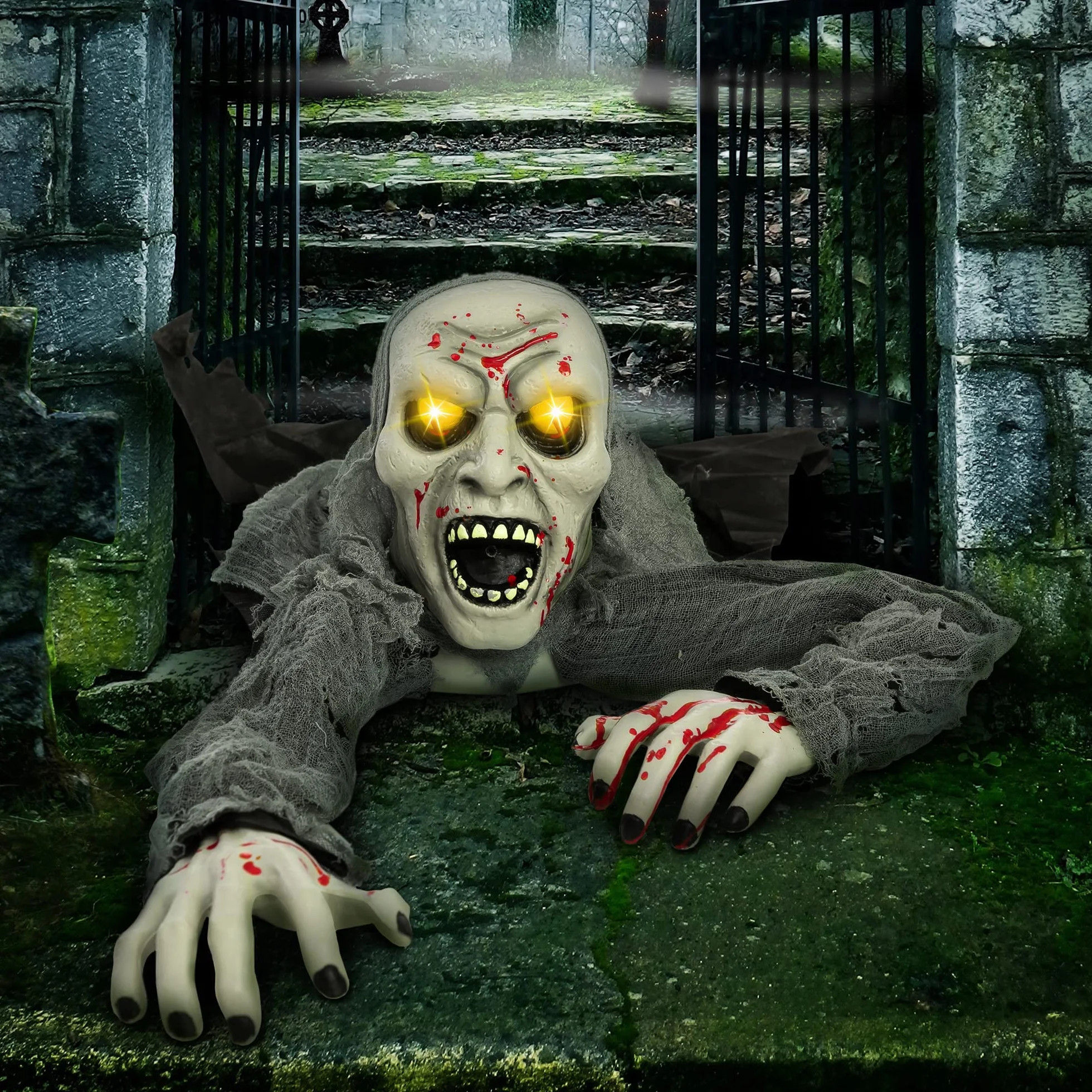 JOYIN Halloween Light-Up Zombie Groundbreaker animowany plamą krwi i przerażającym dźwiękiem na zewnątrz, trawnik, podwórko, dekoracja patio, dekoracja nawiedzonego domu