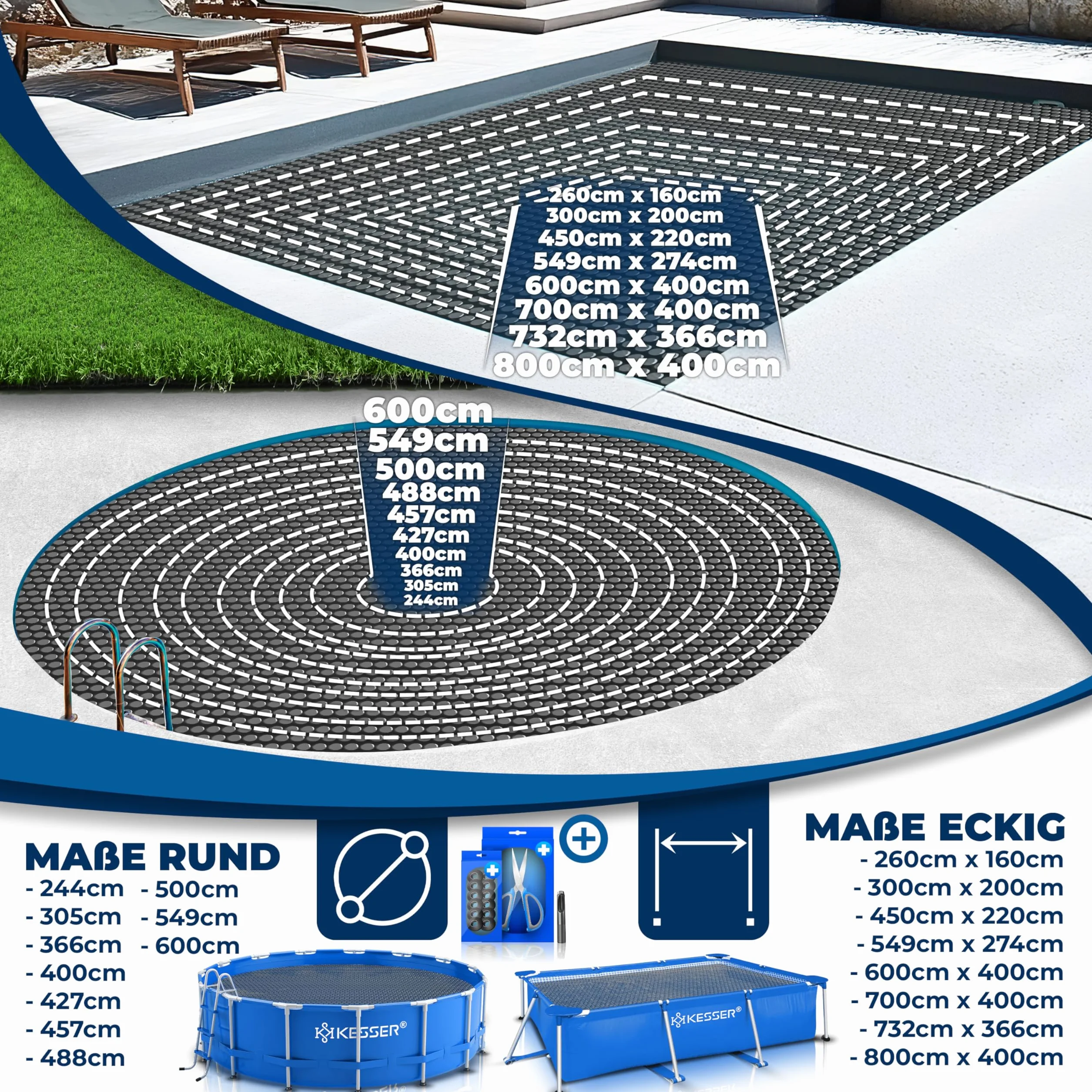 KESSER® Plandeka solarna do basenu, okrągła, Ø 366 cm, folia solarna o grubości 120 µm, plandeka solarna z możliwością przycięcia, folia solarna do podgrzewania wody