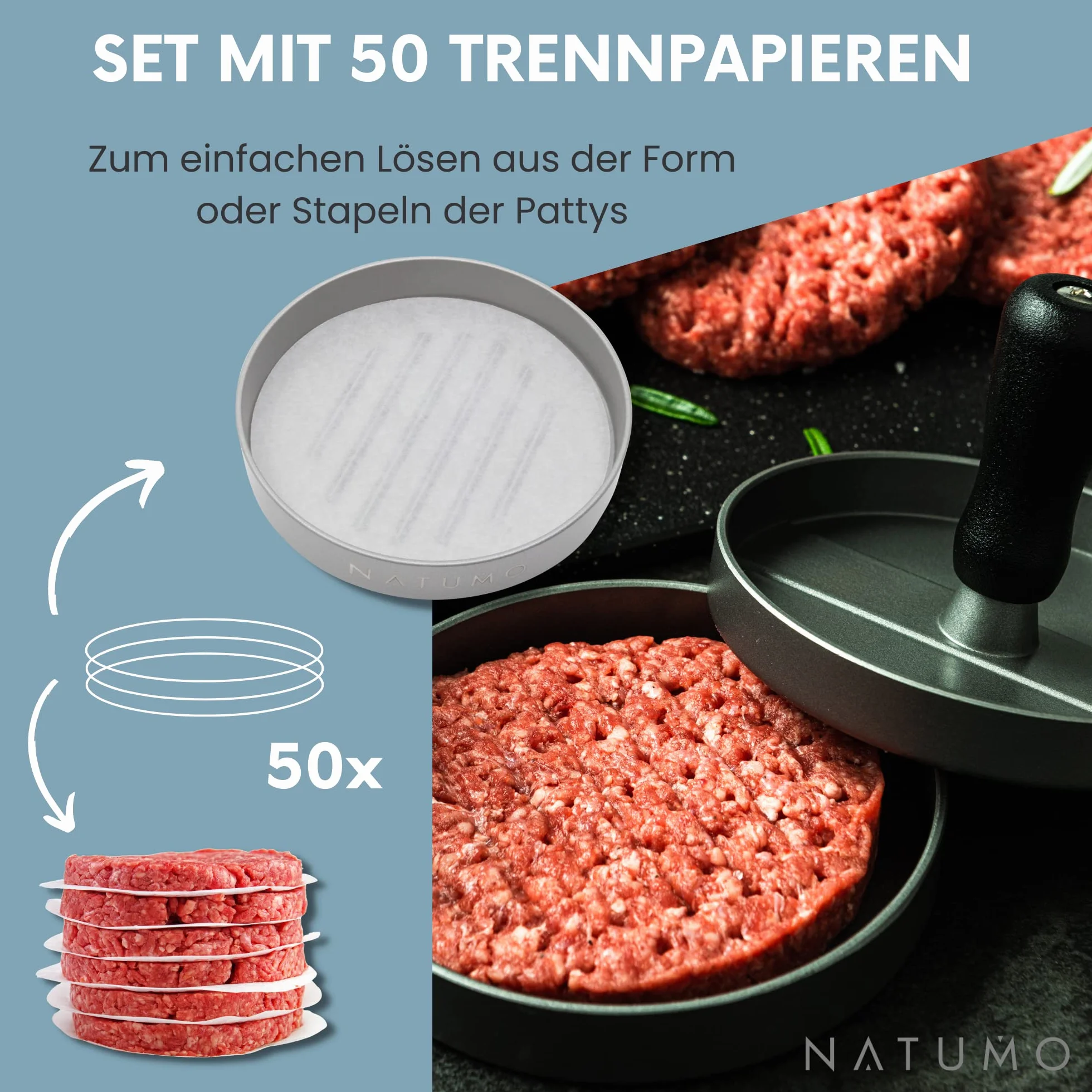 NATUMO Zestaw prasy do burgerów z prasy do hamburgerów i papieru do burgerów (50 x papier oddzielający), do burgerów z odlewu aluminiowego (Ø 11 cm, 200 g), profesjonalna prasa do burgerów z powłoką