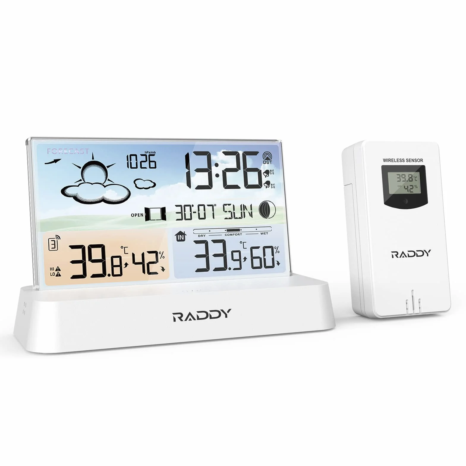 Raddy DT6 Stacja pogodowa Wewnętrzna zewnętrzna, Zegar radiowy DCF, Cyfrowy kolorowy wyświetlacz Termometr wewnętrzny i zewnętrzny Higrometr, Domowa stacja pogodowa z prognozą pogody i barometrem