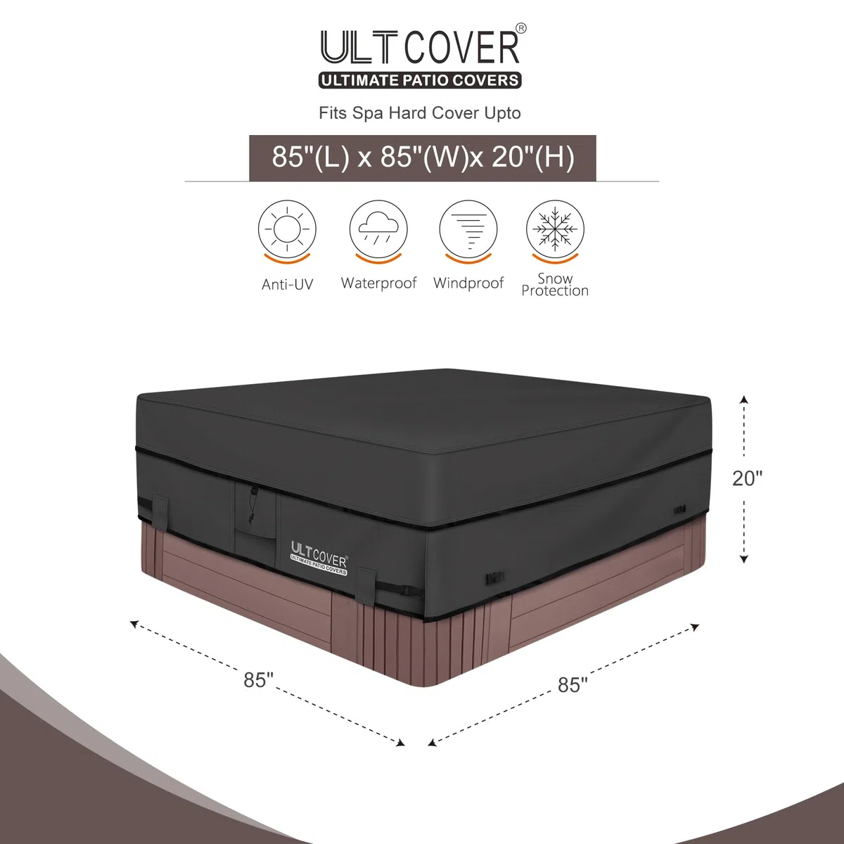 ULTCOVER Wodoodporny kwadratowy pokrowiec na wannę z hydromasażem 600D na zewnątrz pokrowce SPA 215 x 215 cm, czarny