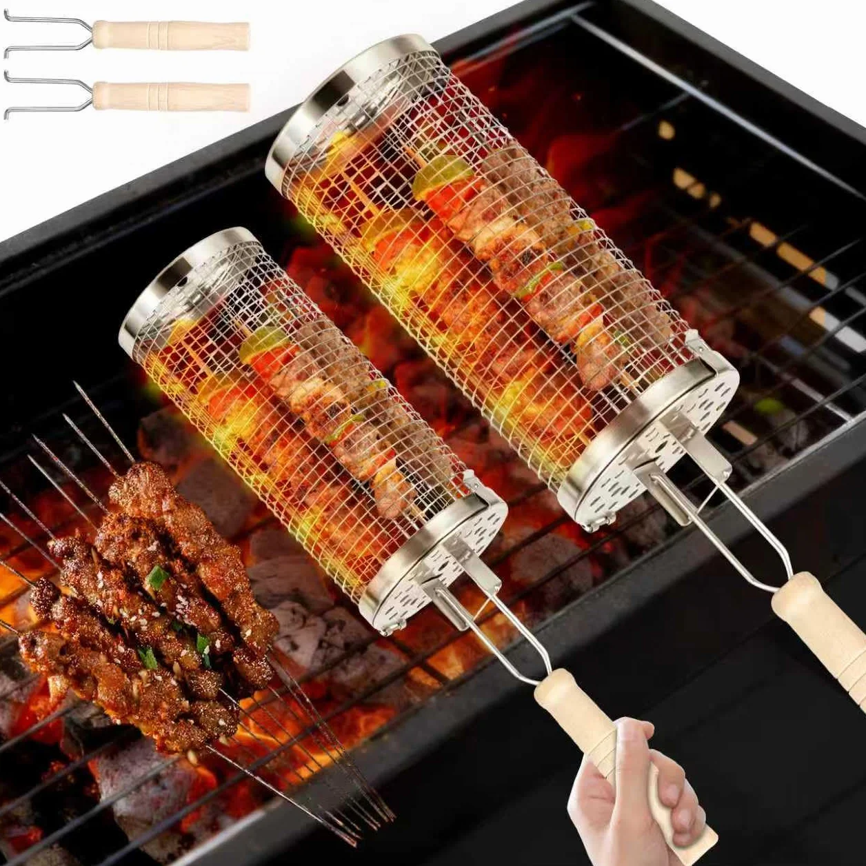 Kosz grillowy ze stali nierdzewnej, zwijany 2 szt., akcesoria do grilla na warzywa