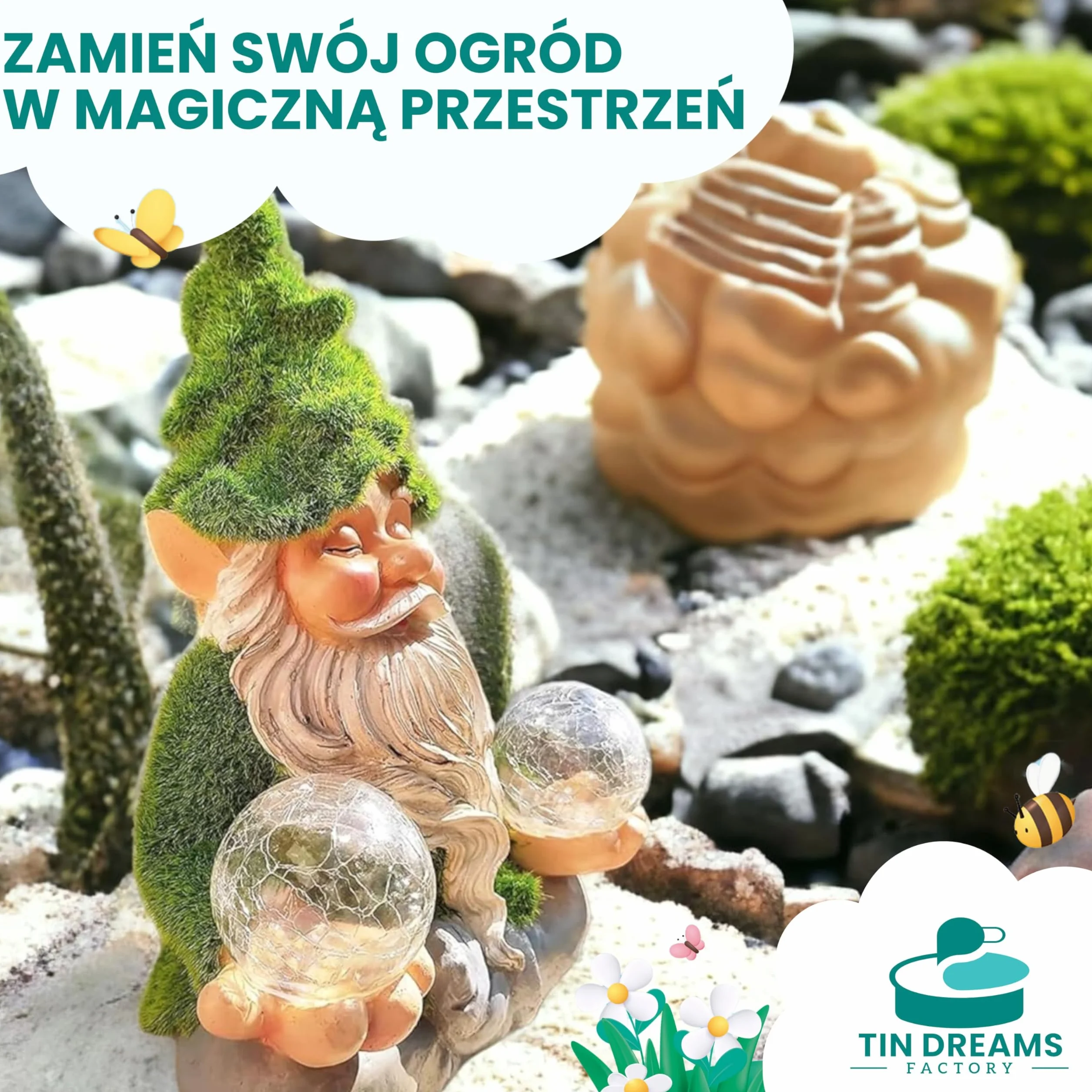 Krasnal ogrodowy Zen z światłem solarnym – dekoracyjna figurka ogrodowa z żywicy – krasnal zewnętrzny z podświetlaną bańką LED – zabawna ozdoba do ogrodu, na patio i taras