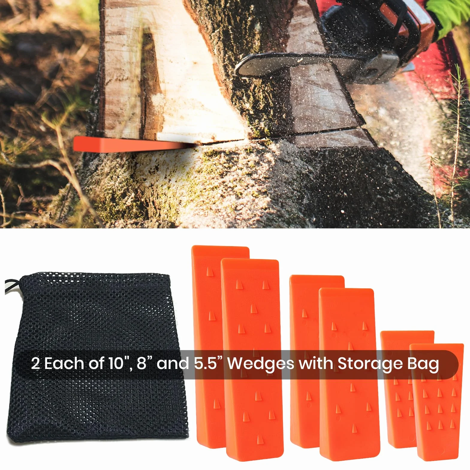 Zestaw 6 szt. klinów do bezpiecznego ścinania drzew, z kolcami, po 2 w rozm. 25, 20 i 14 cm, z torbą do przechowywania, kolce do stabilizacji i bezpiecznego opuszczania, dla drwali i leśników