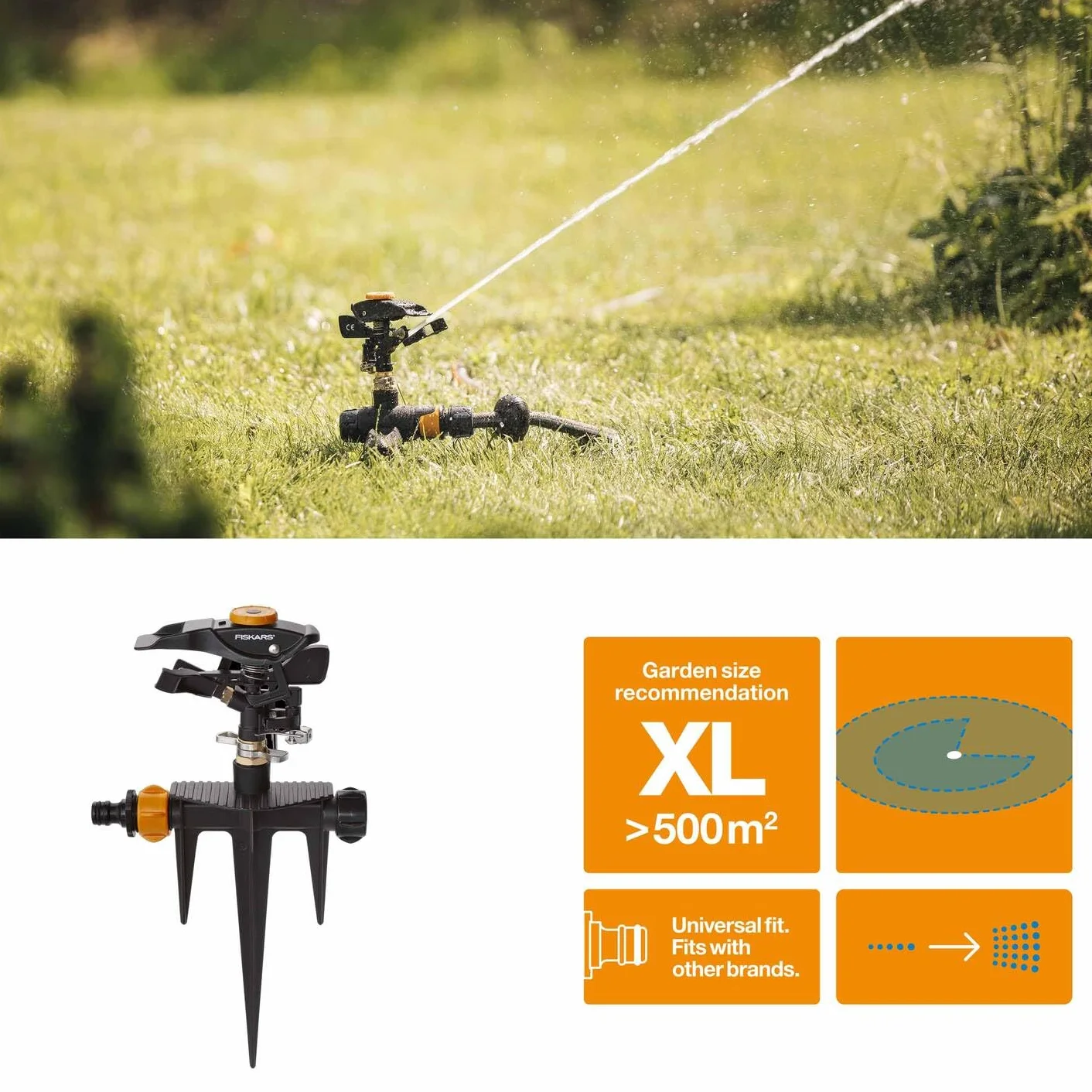 Fiskars Zraszacz pulsacyjny XL, Regulowane obroty, strumień i obszar nawadniania, Uniwersalny rozmiar, Obszar nawadniania o ø do 26 m, 466 g, Czarny/pomarańczowy, 1023658