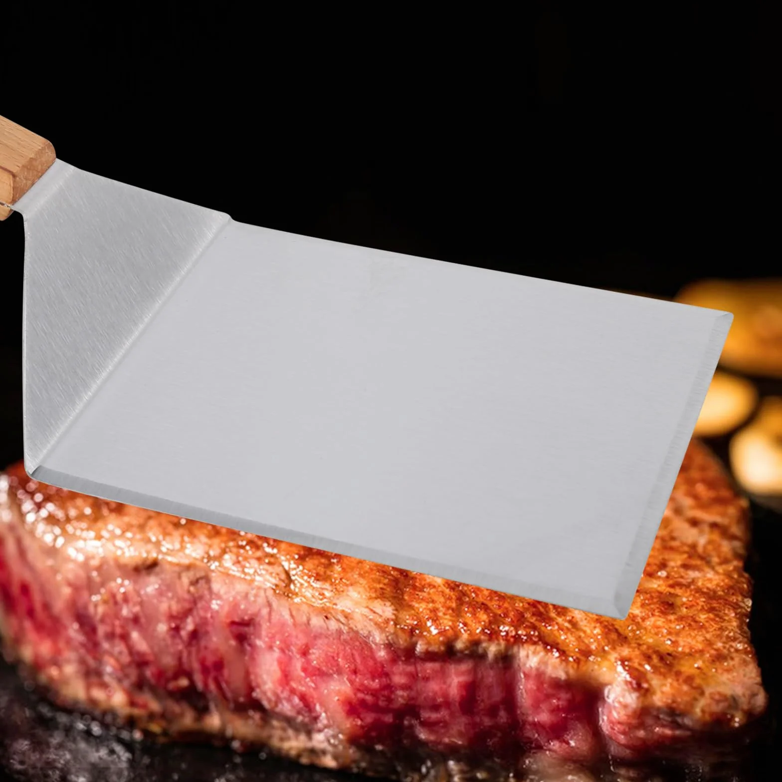 Zestaw 2 łopatek do grilla ze stali nierdzewnej, drewniany uchwyt, akcesoria Teppanyaki