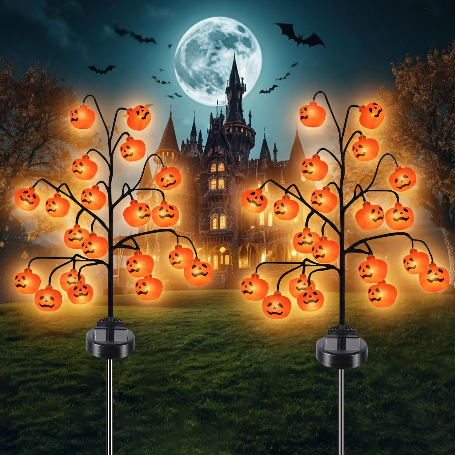 Dekoracja na Halloween, lampy solarne do ogrodu na zewnątrz, 2 sztuki, 20 diod LED, 2 tryby, wodoodporna, dekoracja, ogród, Halloween, pomarańczowa, dynia, lampion, ozdoba