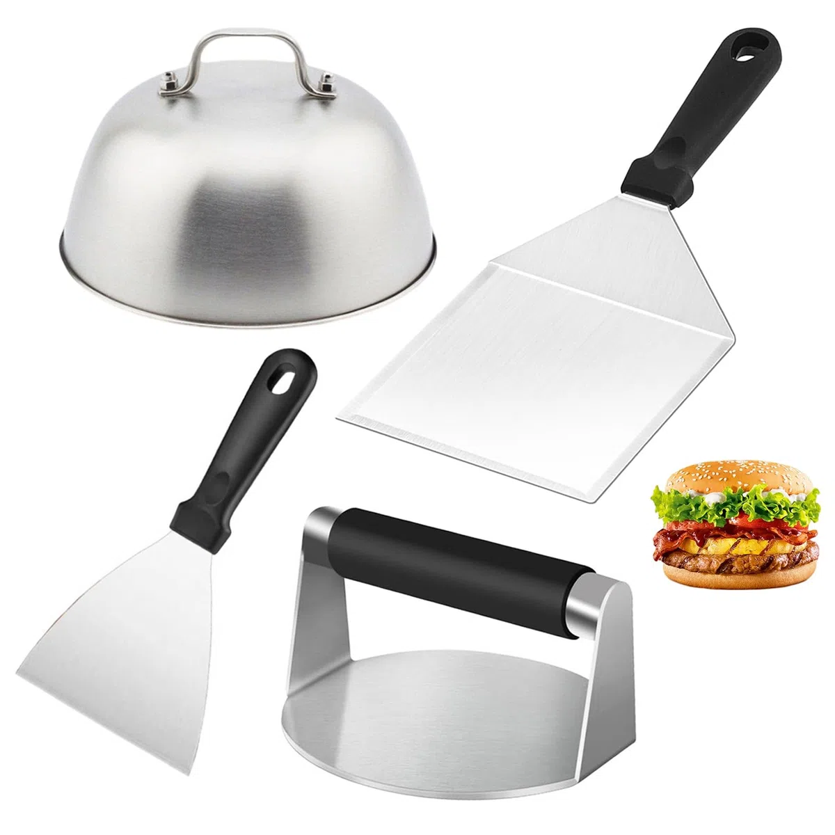 Smash zestaw do burgerów ze stali nierdzewnej, 4 zestawy do burgerów, uniwersalny zestaw pras do burgerów, z prasą do burgerów, szpachelką do grilla, łopatką do patelni i dzwonkiem do burgerów, zestaw