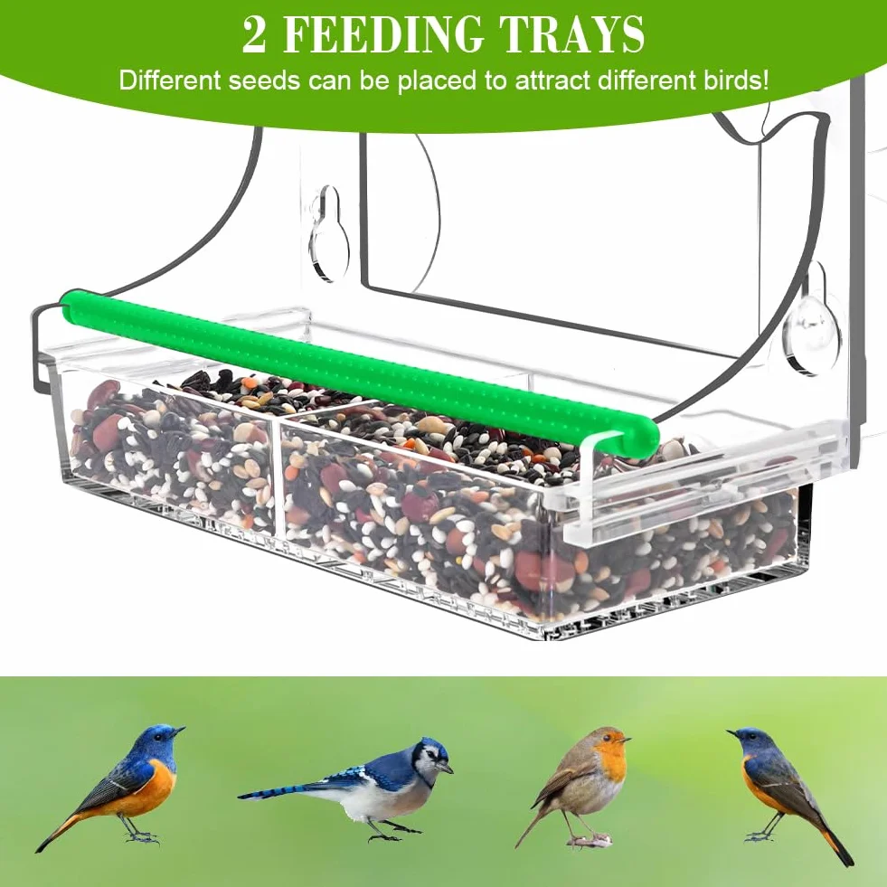 OFFCUP Karmnik okienny, domek dla ptaków na zewnątrz z 4 mocnymi przyssawkami, akrylowe podajniki okienne ze zdejmowaną tacą na nasiona do obserwacji ptaków, prezent, małe ptaki, wiewiórka, dekoracja
