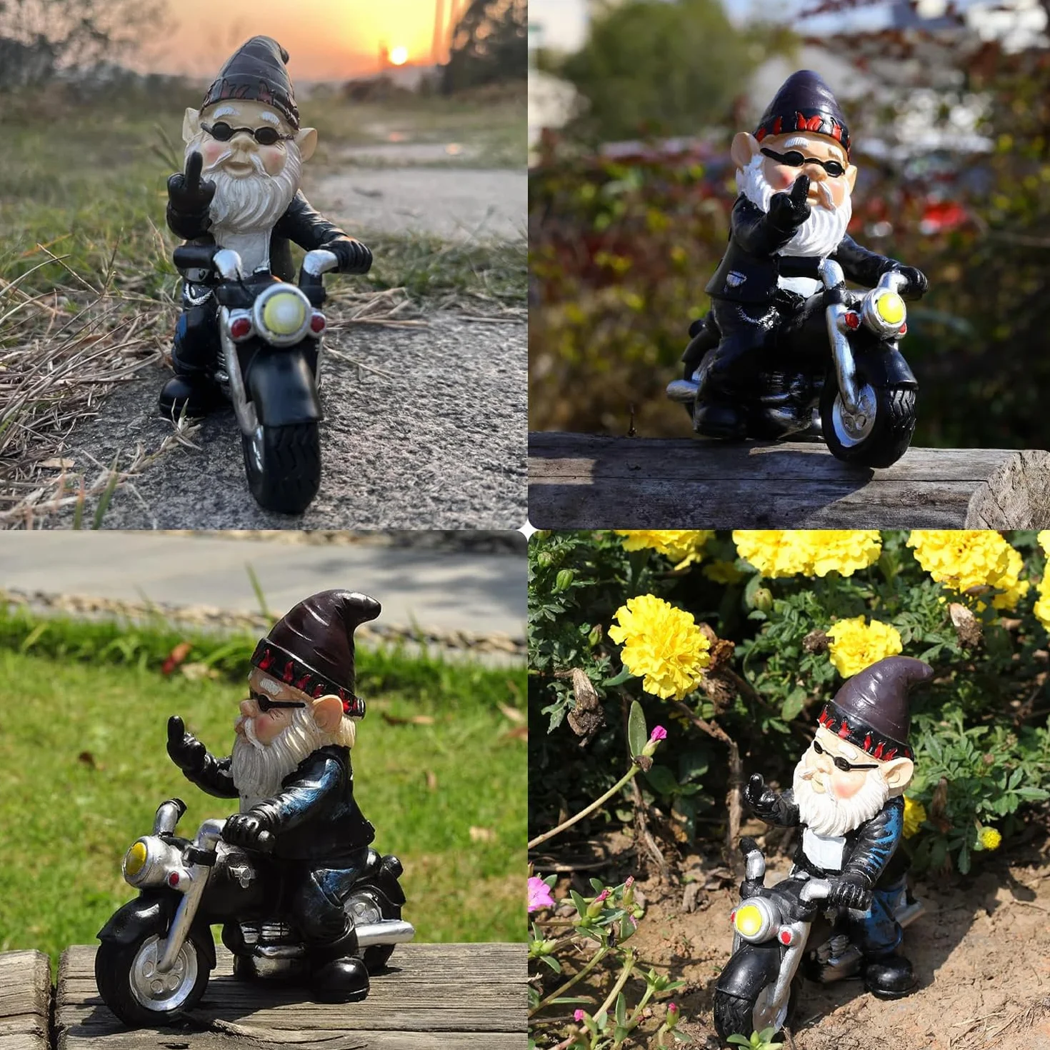 Ozdoby Ogrodowe Krasnale, Ozdoby Ogrodowe Skrzaty Motocykliści, zabawny krasnal ogrodowy, dekoracja do tarasu balkonu, stary człowiek z motocyklem, ozdoba z żywicy do domu i biura