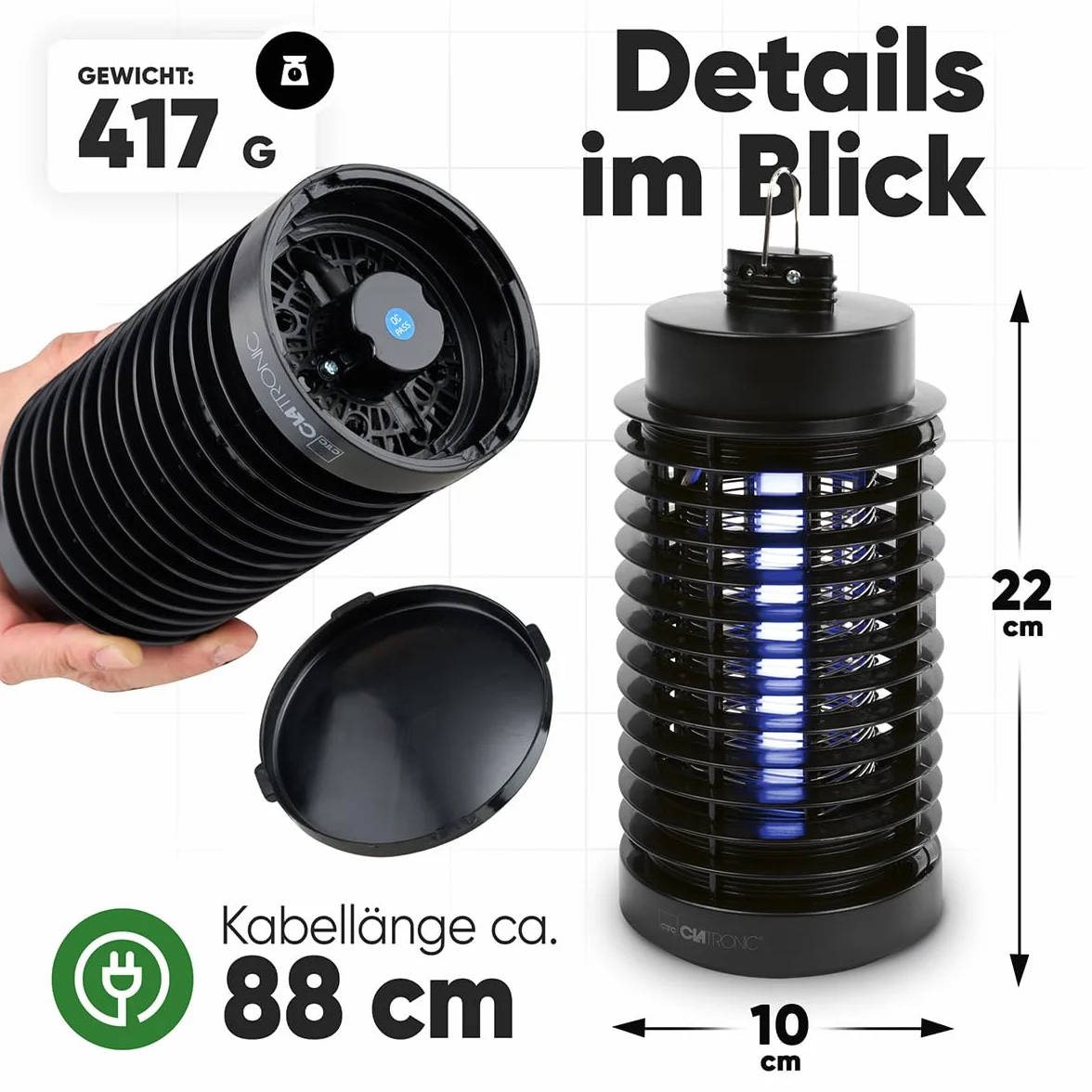 Clatronic® Elektryczna pułapka na owady | pułapka na komary w dzień i w nocy | do 50 m² | lampa na komary bez chemii i substancji zapachowych | elektryczna pułapka na muchy wraz ze szczotką do