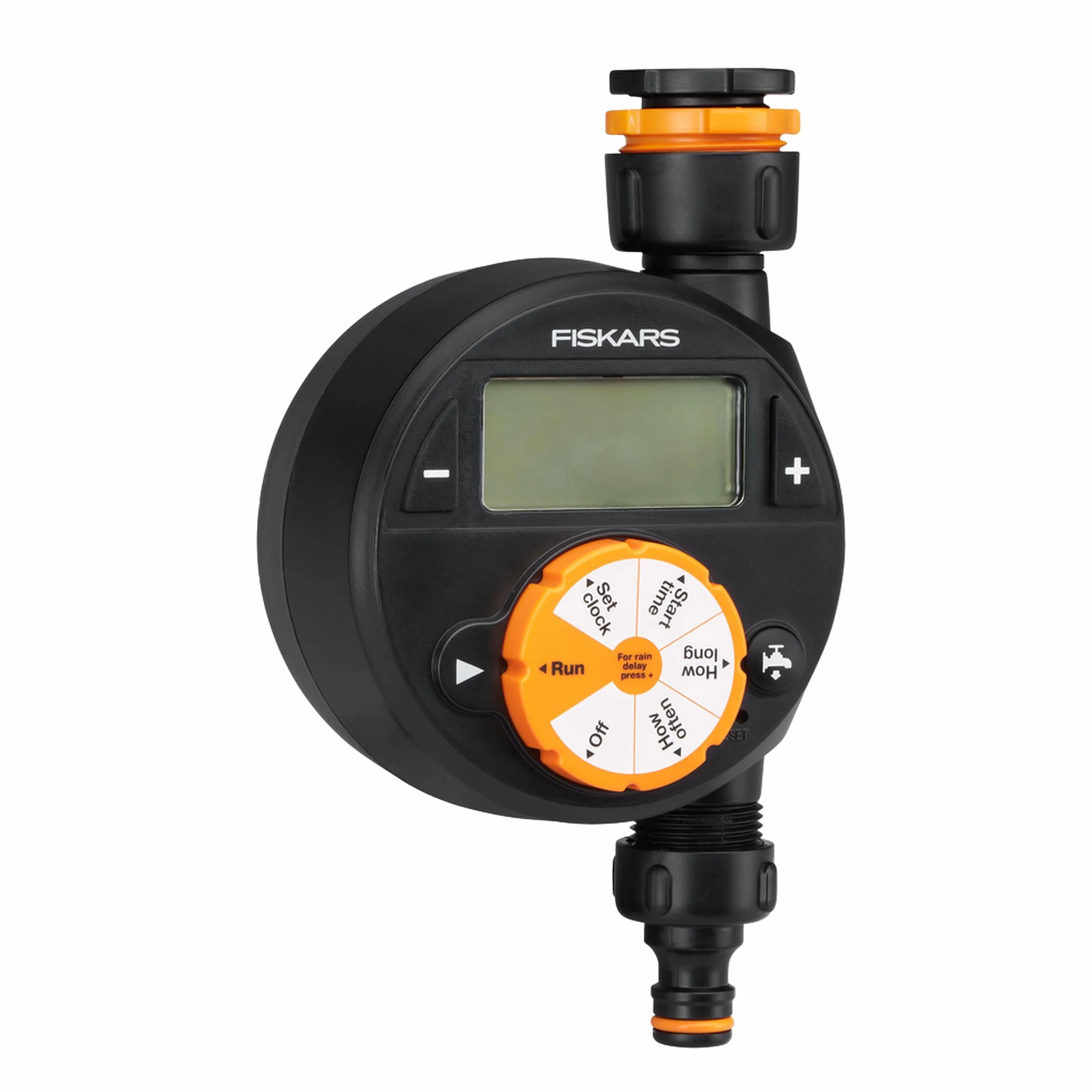 Fiskars Sterownik nawadniania, Pojedynczy, Do wszystkich popularnych rozmiarów kranów, Duży, czytelny wyświetlacz LCD sprawia, Uniwersalny rozmiar, 380 g, Czarny/Pomarańczowy, 1054791