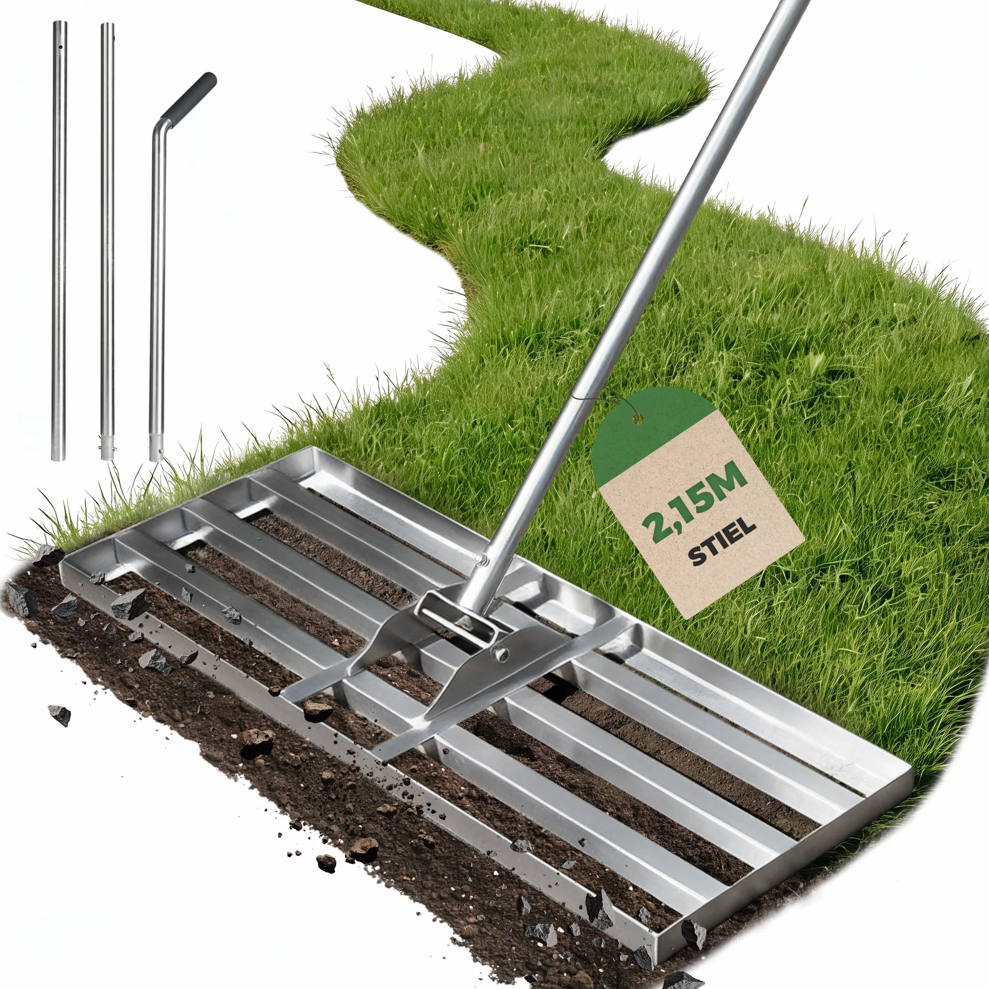 GrabiNivelator do trawnika 80×30 cm regulowany metalowy trzonek 140-215 cm