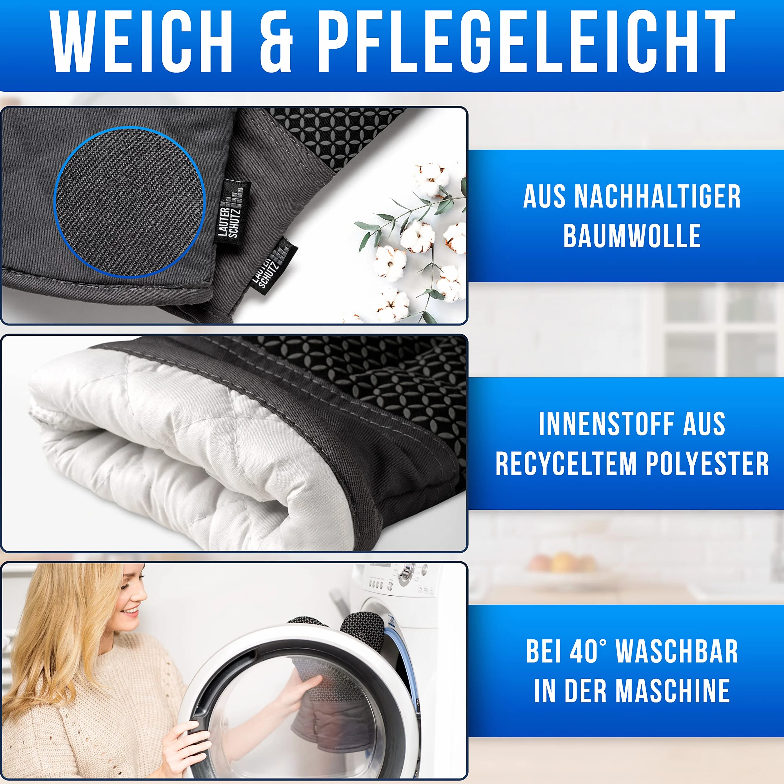 LAUTER SCHUTZ ® rękawice kuchenne w parze, z powłoką silikonową zapewniającą optymalną przyczepność i odporność na wysokie temperatury (ciepło kontaktowe: 250°C), nadają się do kuchni i grillowania, kolor tęczowy.