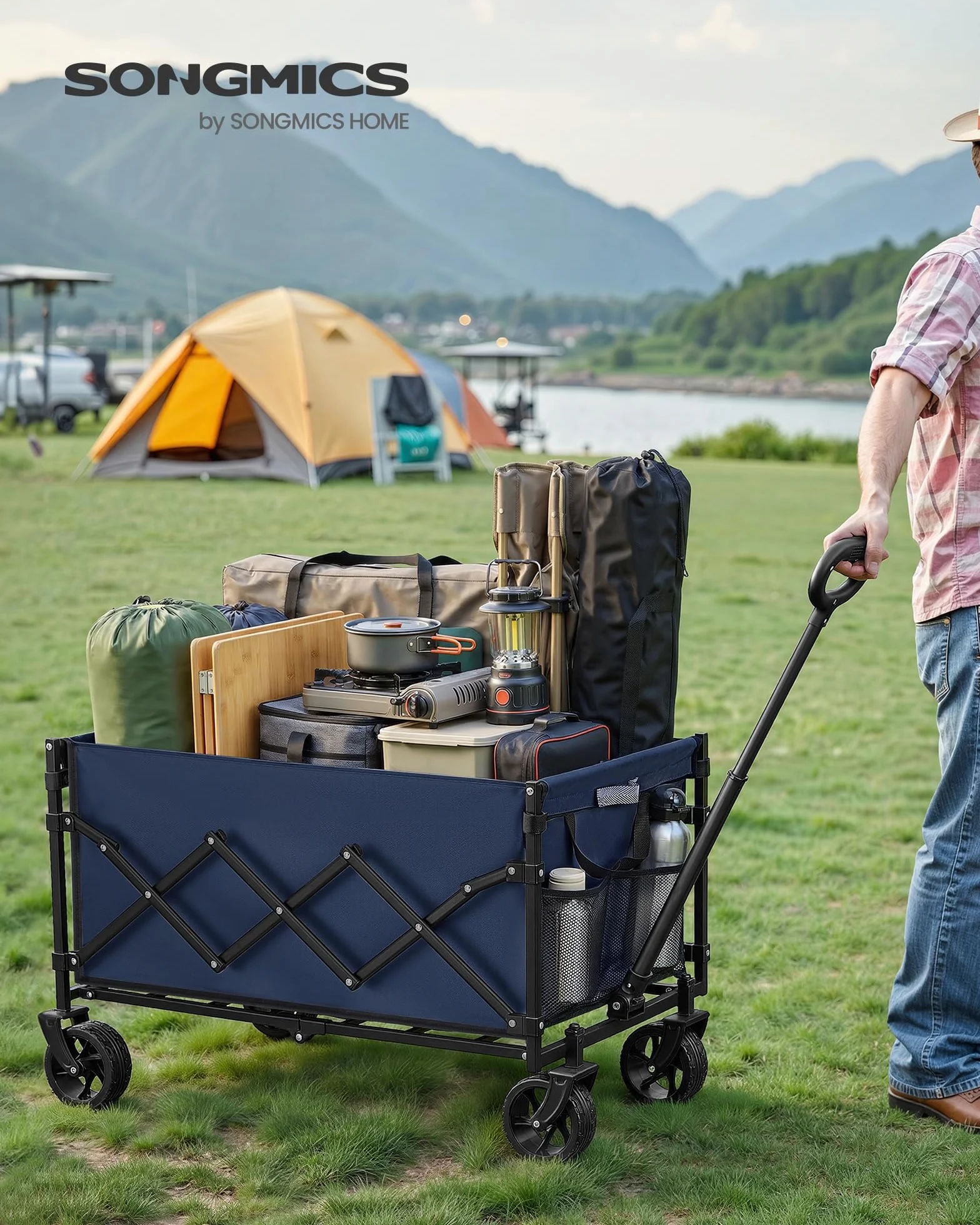 SONGMICS Kleiner Handwagen faltbar, Gartenwagen, kompakt, mit Griff, mit 4 Verstärkten Rollen, davon 2 Universalräder, bis 120 kg belastbar, Outdoor, Garten, 150 L, mitternachtsblau GFW150QE01