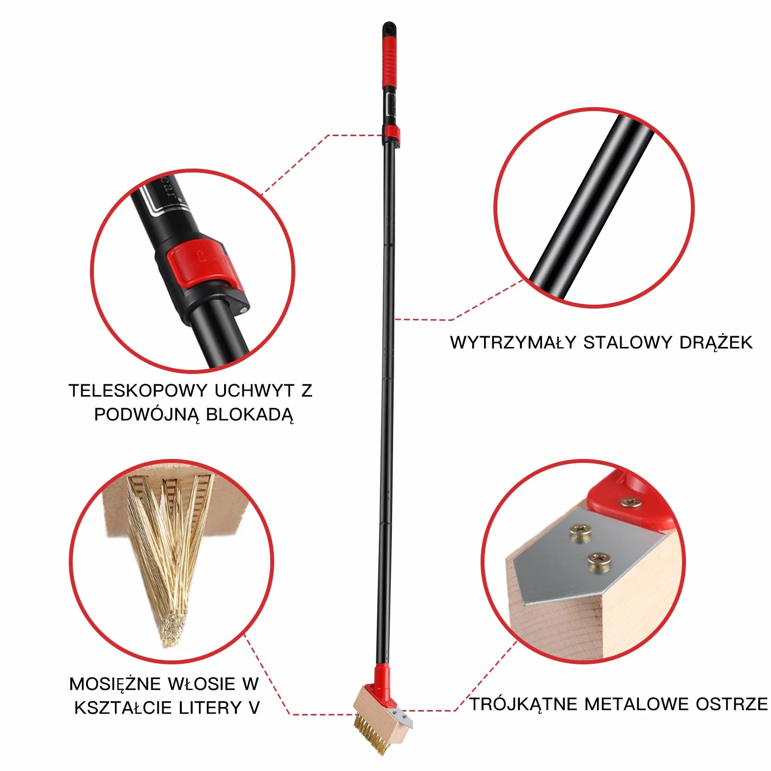 Mitclear Szczotka do Usuwania Chwastów z Długim Uchwytem 135cm, Narzędzie z Drucianą Głowicą V i Skrobakiem, 3 Głowice