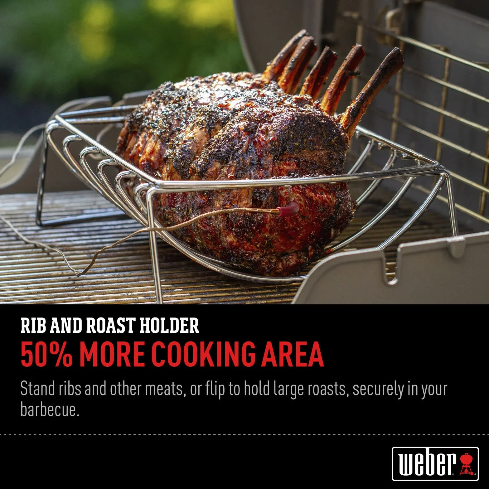 Weber Premium Stojak na Żeber & Kosz do Pieczenia, nadaje się do mycia w zmywarce, pasuje do Weber Q 300/3000 oraz większych grilli gazowych oraz grilli węglowych od Ø 57 cm - Srebrny (6469)