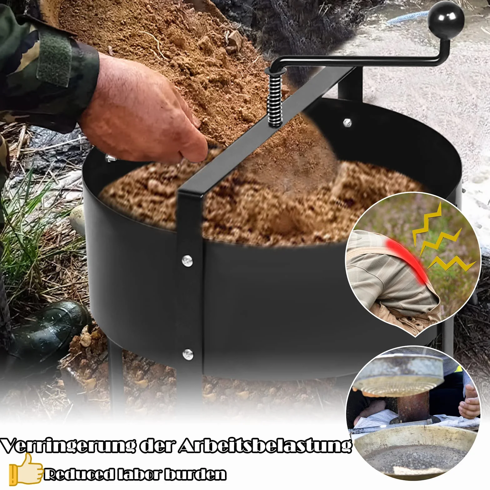 Sito z korbą ręczną, obrotowe sitko ogrodowe, sito do ziemi, kompostu, chwastów, piasku, żwiru, Ø 40 cm - 1,2 mm patelnia z siatki