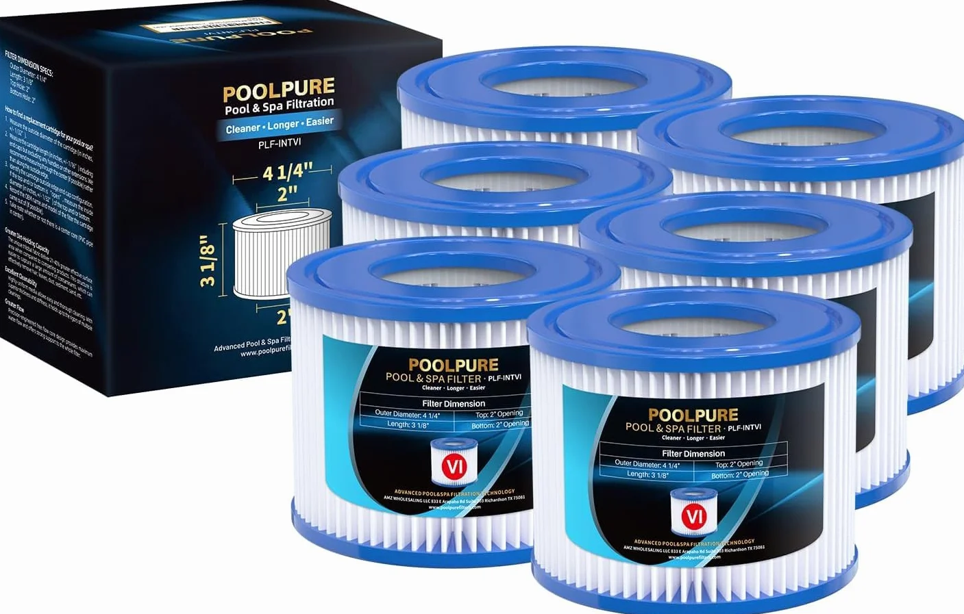 POOLPURE Zamiennik filtra typu VI Bestway, wkład filtrujący do Miami, Vegas, Palm Springs, Paryż, Monako, Coleman SaluSpa 90352E, Wymiary: 10,5 cm × 7,9 cm (6 szt.)