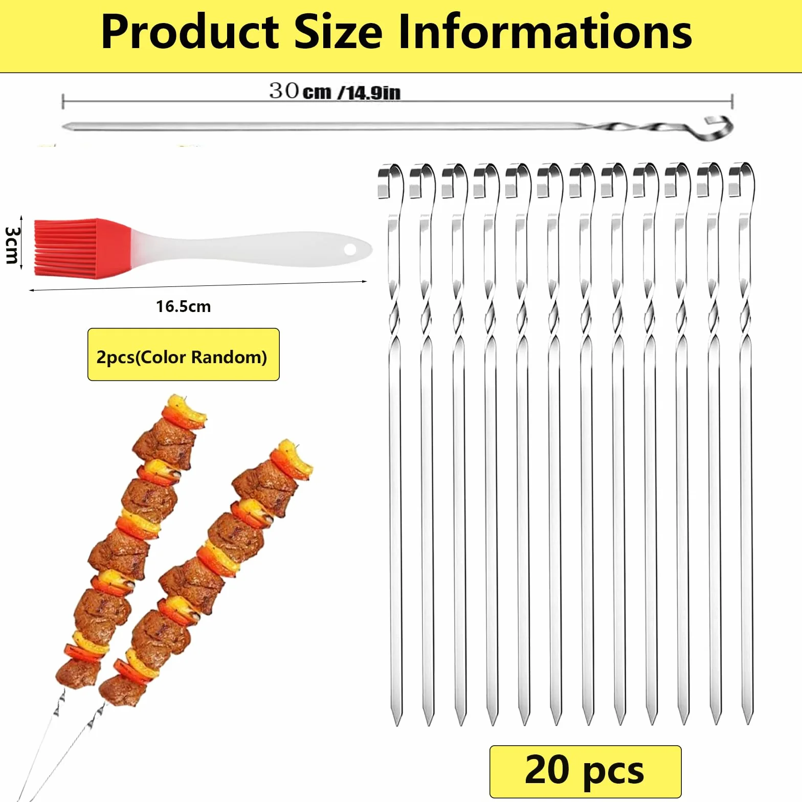 Szpikulce do grillowania Generic, 20 sztuk, 30 cm, ze stali nierdzewnej, srebrne, wielokrotnego użytku
