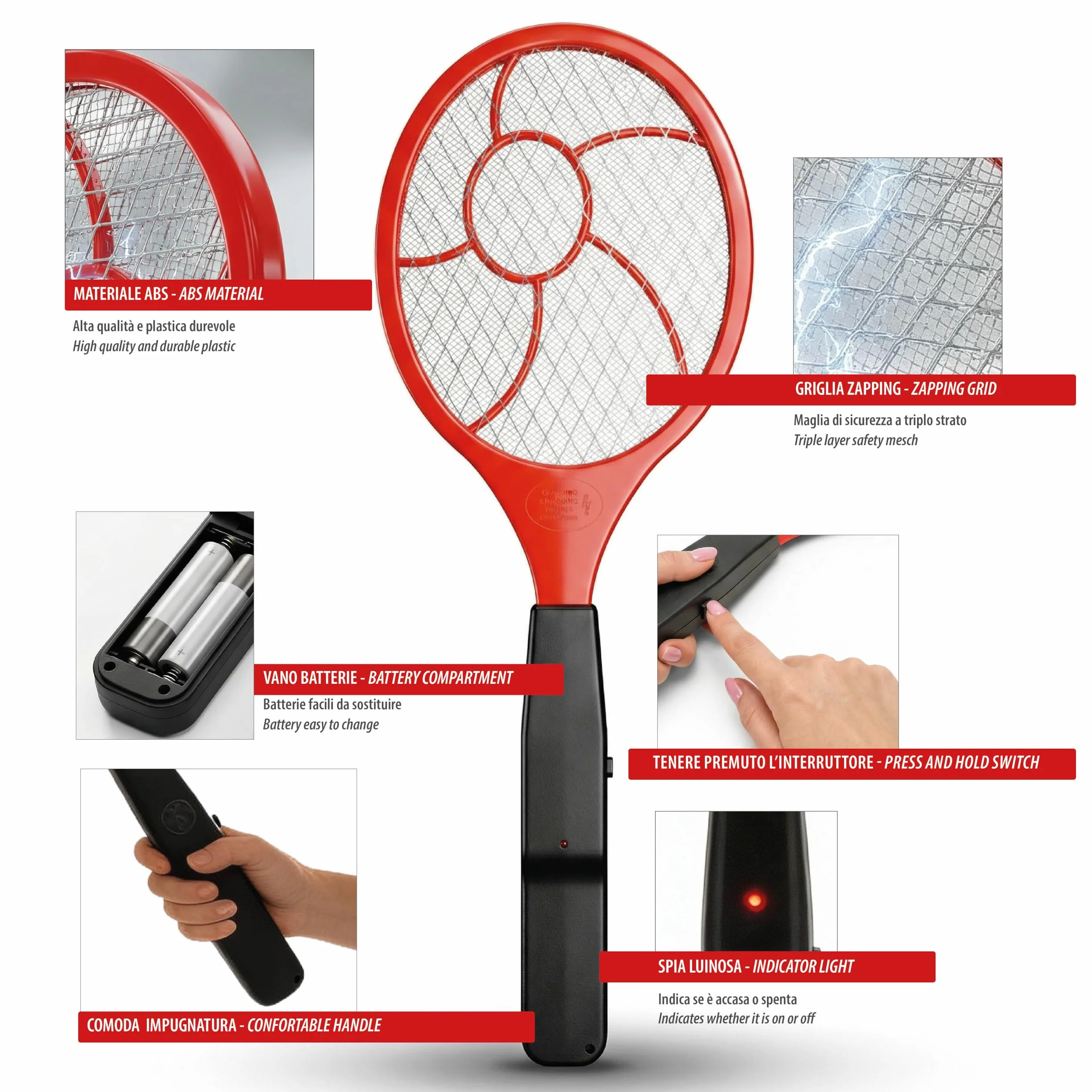 Elektryczna rakieta na komary Triple-Net - Zapper na owady z przełącznikiem i diodą LED - rakieta na muchy, komary i owady