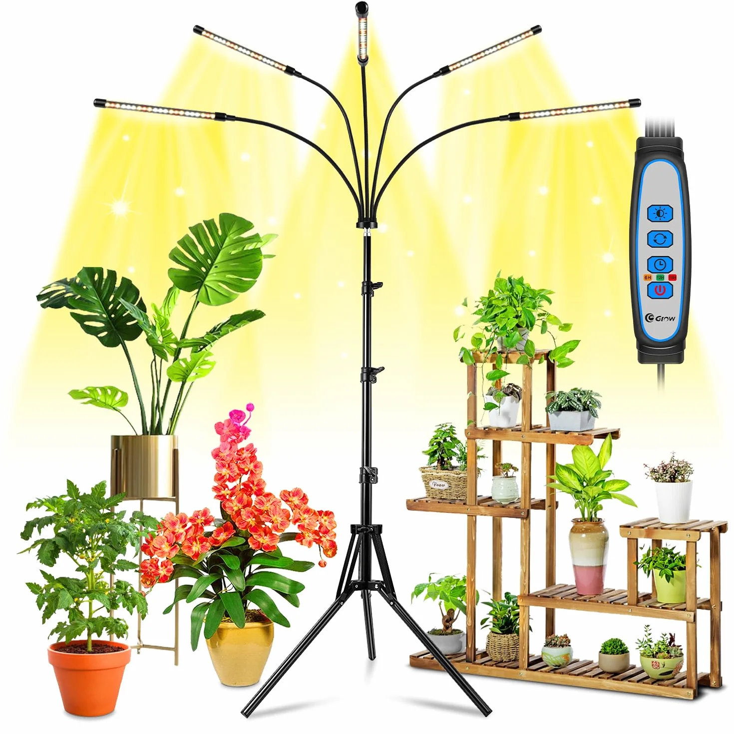 Wolezek Lampa LED do uprawy roślin, pełne spektrum, 5 głowic, 100 diod LED, lampa do uprawy roślin z timerem 6/12/16H, 3 tryby kolorów i 5 stopni ściemniania, lampa do uprawy roślin pokojowych