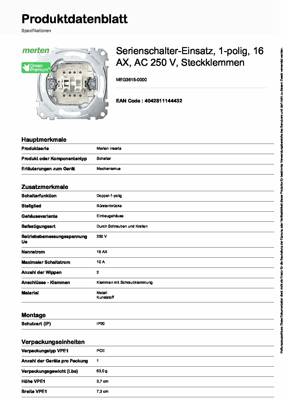Merten MEG3615-0000 | wkład przełącznika szeregowego | 16 A - AC 250 V - zaciski wtykowe | Made in Germany