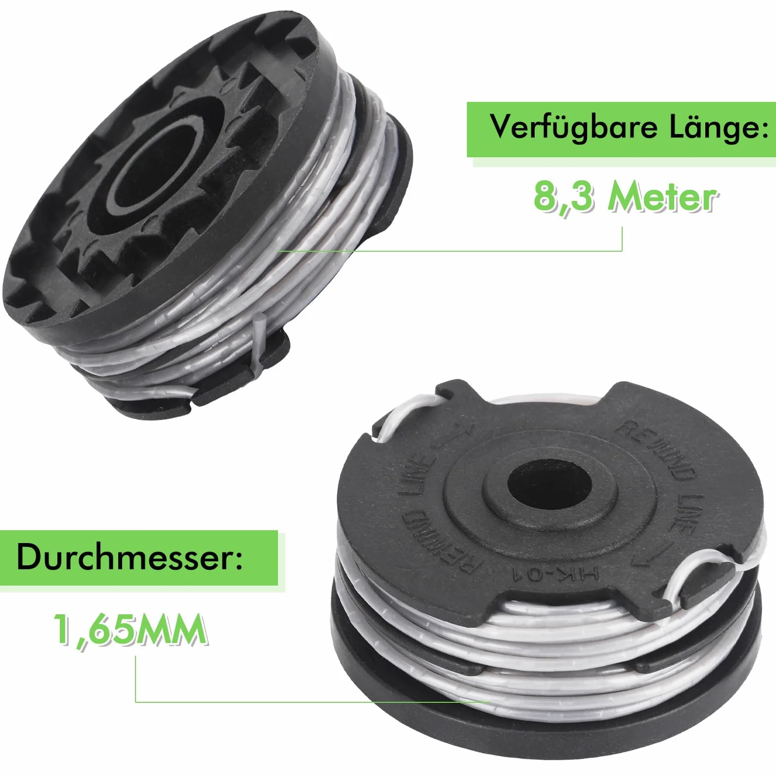 Szpula z podwójną żyłką 29187 pasuje do podkaszarki Greenworks 40 V G40LT G40LTK2 G40LTK2x 2101507 2101507UA 2101507UC, zapasowa szpula żyłki 8,3 m długość Ø 1,65 mm (6 szpulek, 2 czapka)